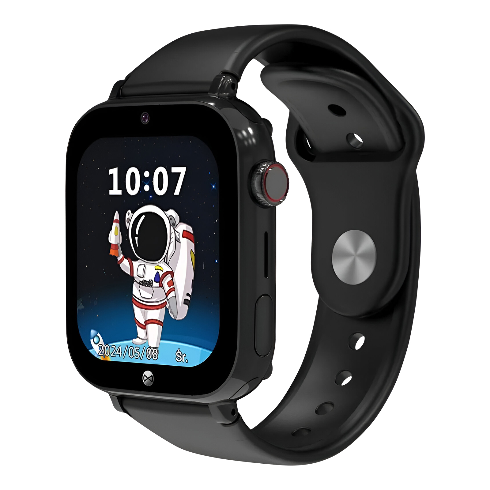 Czarny smartwatch wyświetla na ekranie astronautę. Ma czarny pasek i czerwony przycisk.