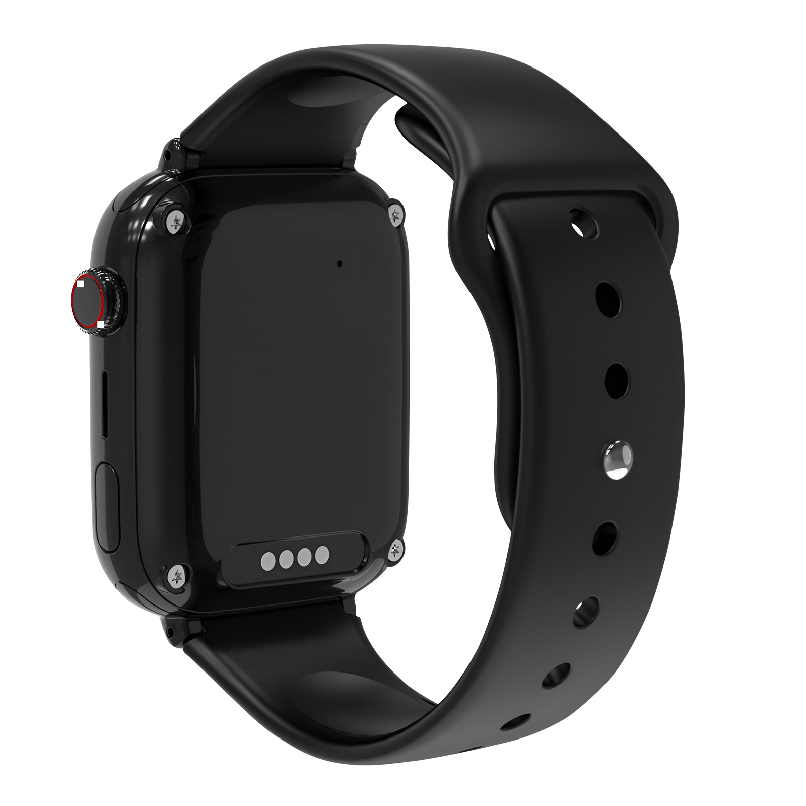 Czarny smartwatch z czarnym paskiem, pokazujący tył zegarka ze szczegółami.