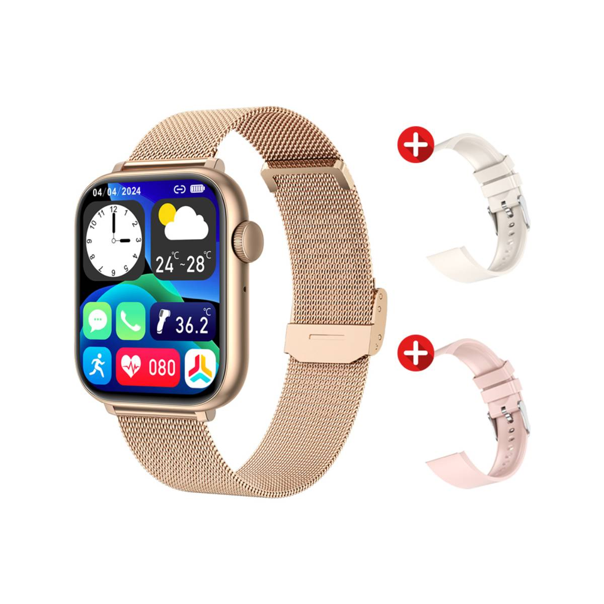 Une montre connectée dorée avec un bracelet en métal et des bracelets roses et blancs supplémentaires, sur fond blanc.
