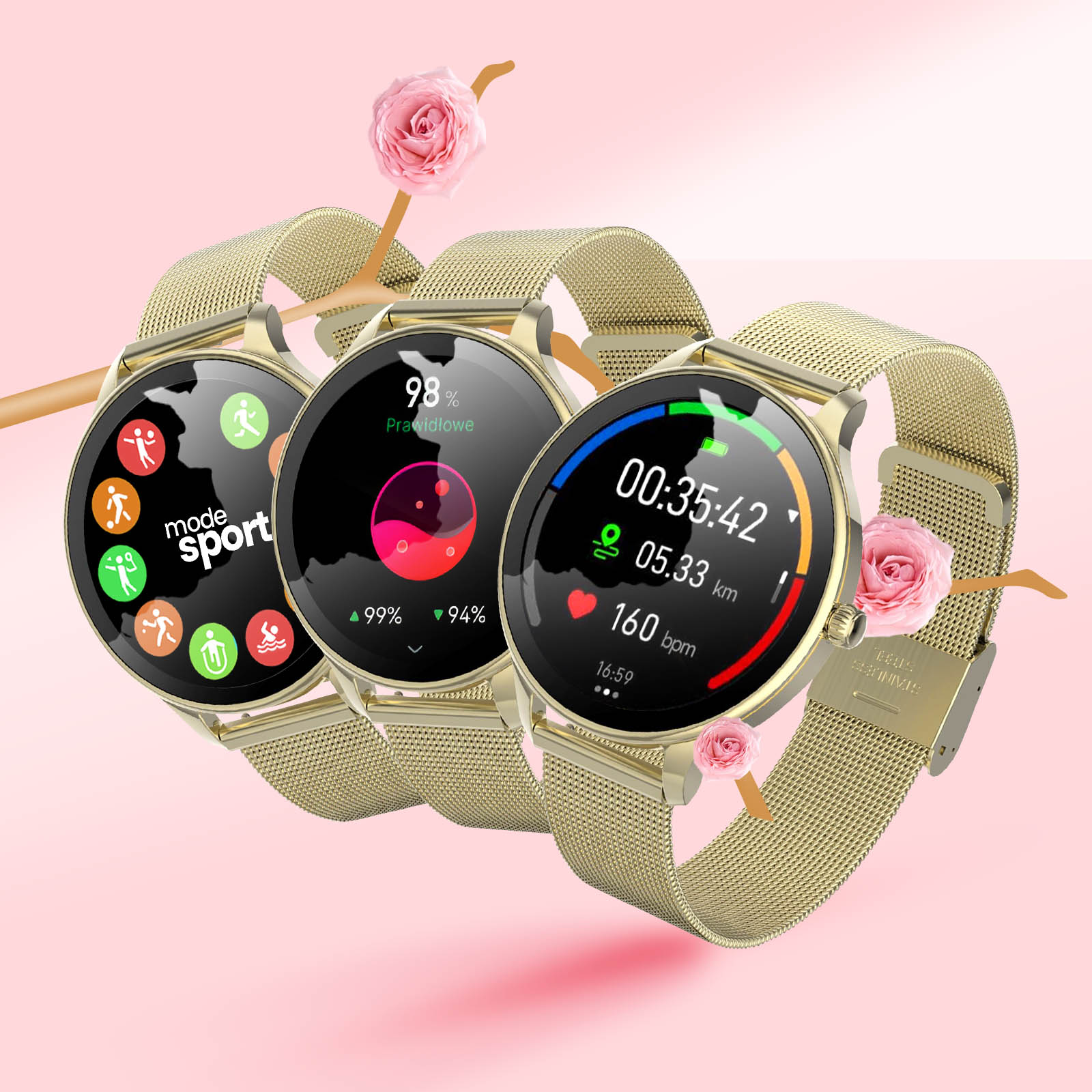 Trzy złote smartwatche z różowymi kwiatami, pokazujące różne dane dotyczące tętna i aktywności.