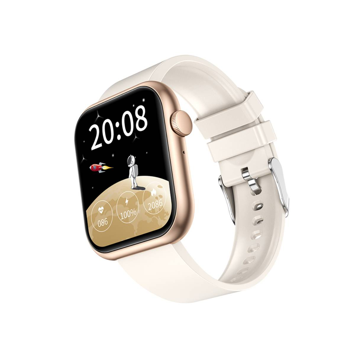 Une montre connectée avec un bracelet blanc, affichant l'heure et des graphiques d'alunissage.