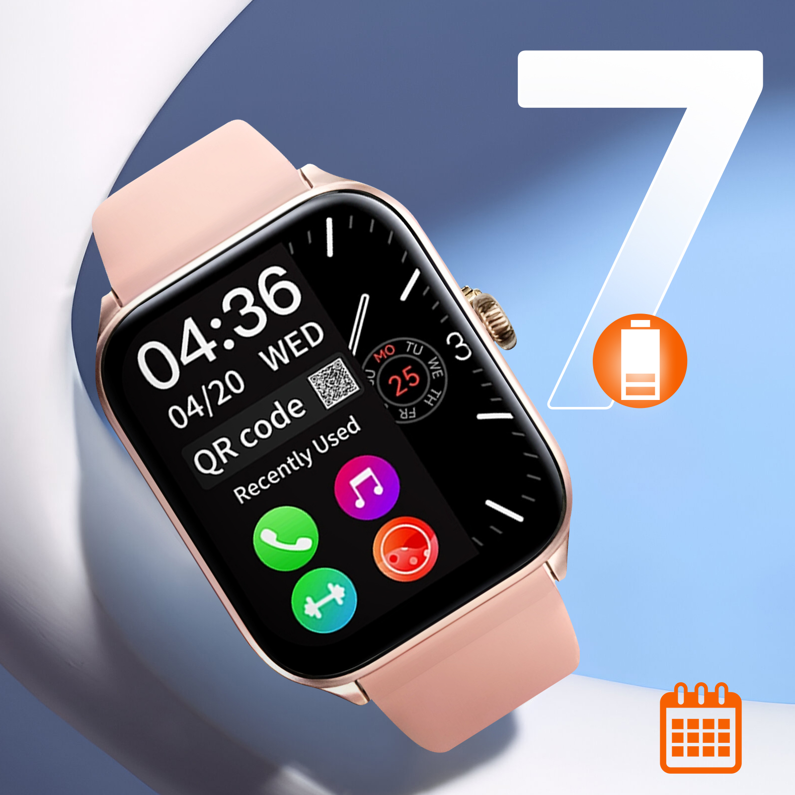 Różowy smartwatch wyświetla godzinę, kod QR i ikony na ekranie. Zegarek leży na białej powierzchni.