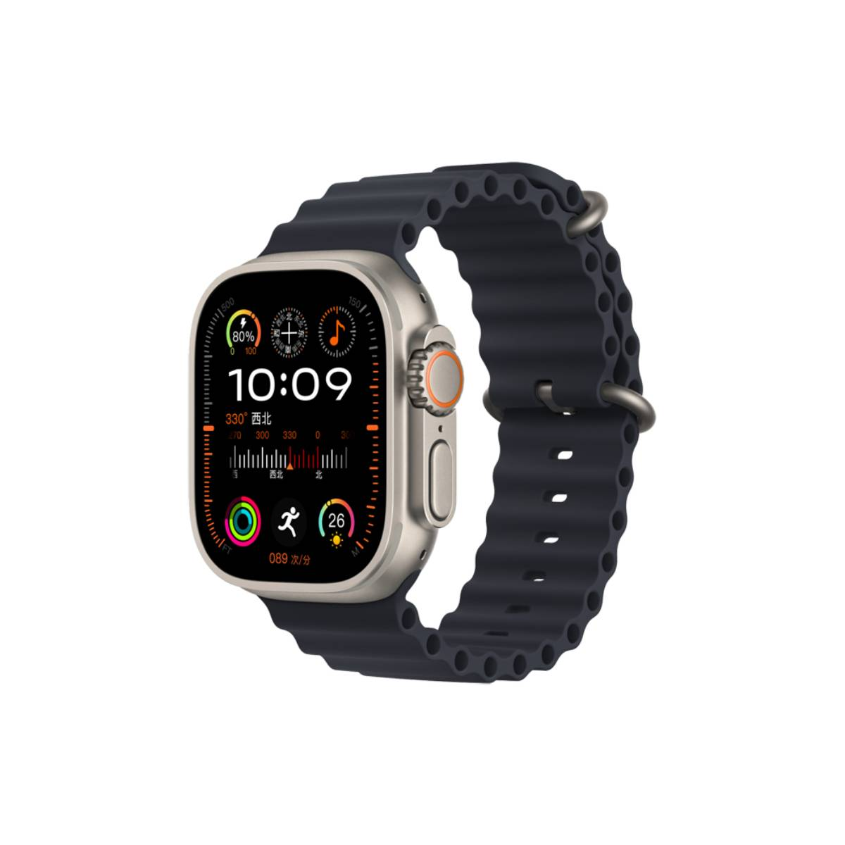 Smartwatch avec bracelet noir, affichant un écran numérique. Fond blanc.