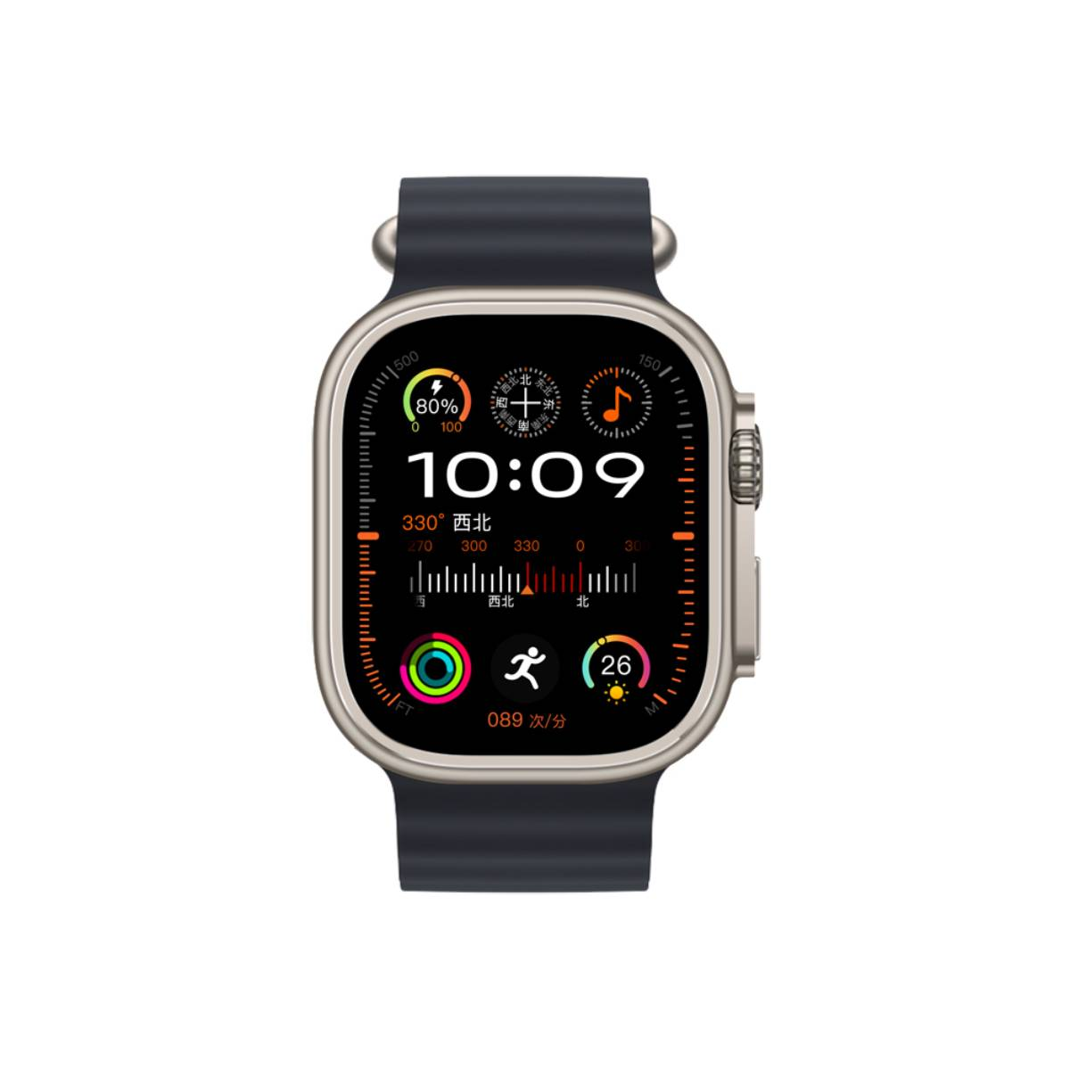 Une smartwatch avec un bracelet bleu foncé et un boîtier argenté. L'écran affiche l'heure.