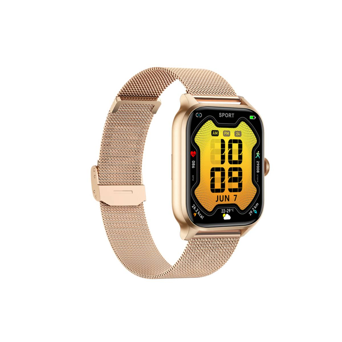 Roségoldene Smartwatch mit Mesh-Armband, zeigt Zeit und Gesundheitsmetriken.
