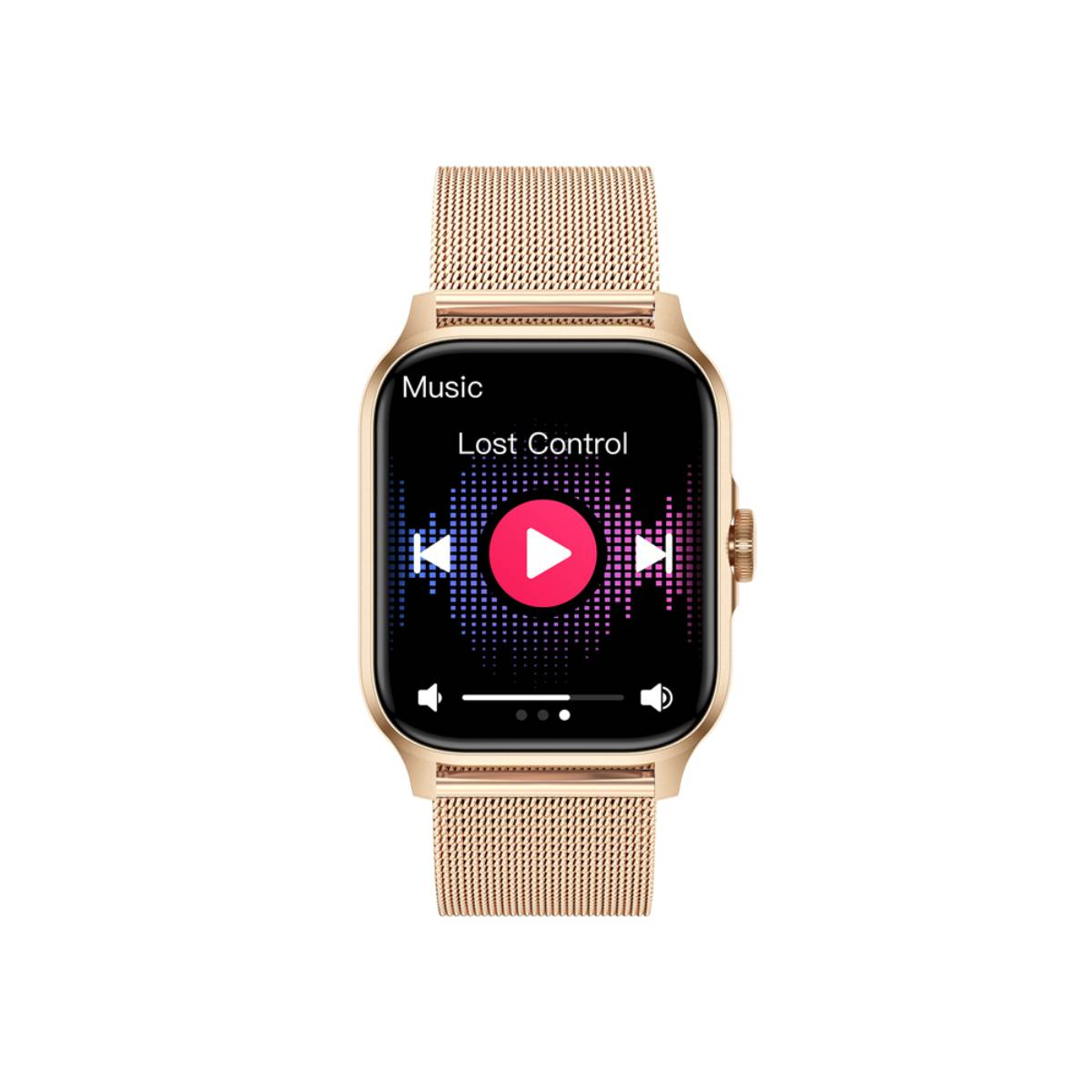 Eine goldene Smartwatch mit Mesh-Armband, die eine Musikplayer-Oberfläche auf dem Bildschirm zeigt.