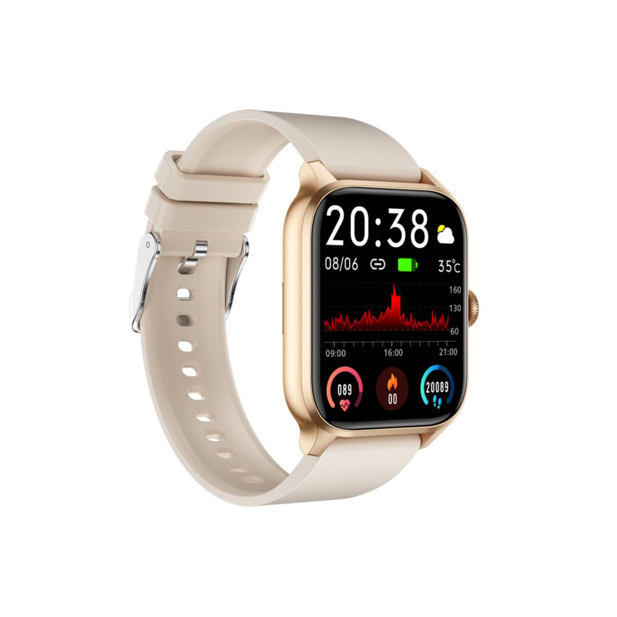 Smartwatch dorée avec cadran carré. Affiche l'heure, la fréquence cardiaque et les statistiques d'activité. Bracelet beige.
