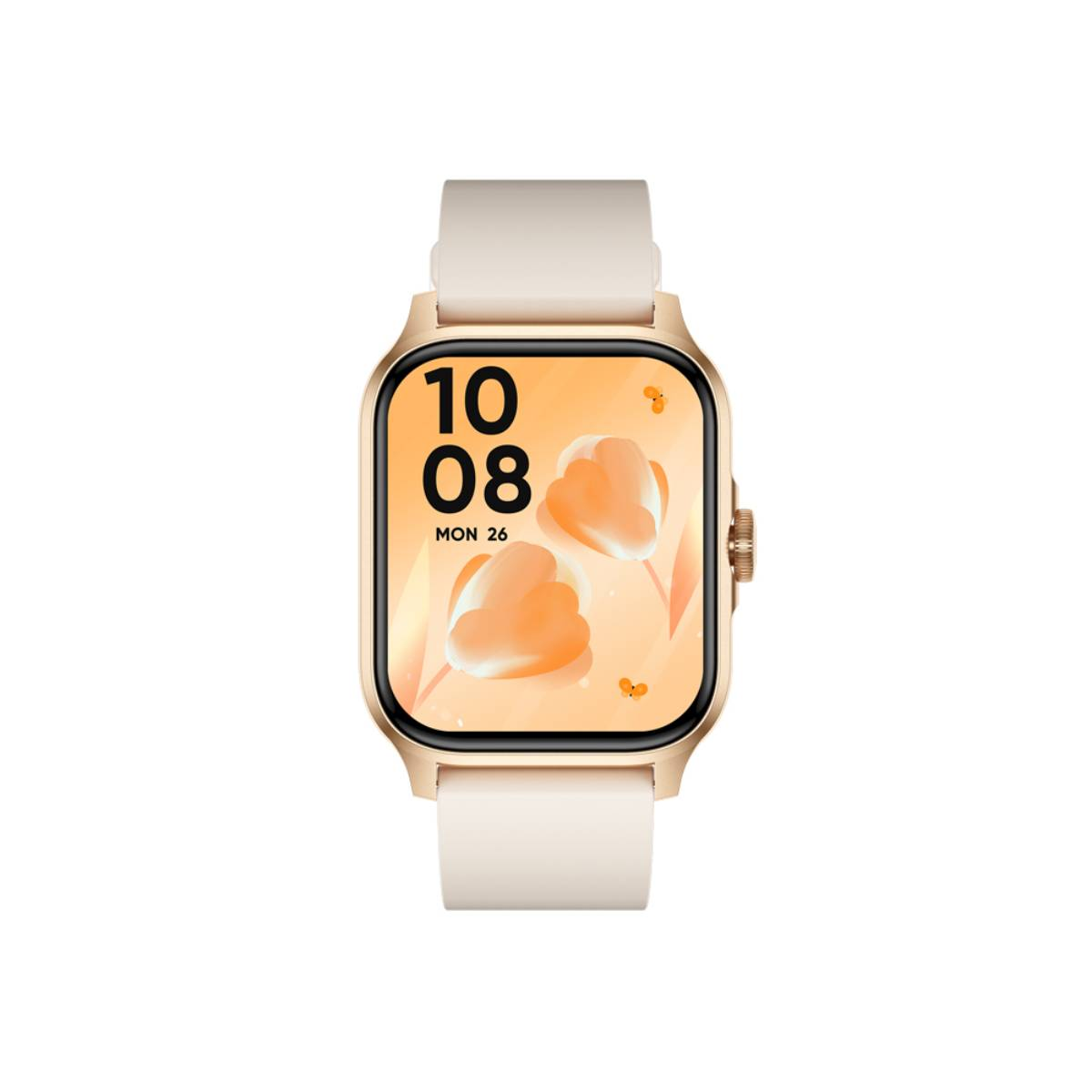 Montre intelligente dorée avec bracelet crème. L'écran affiche l'heure et un motif floral.