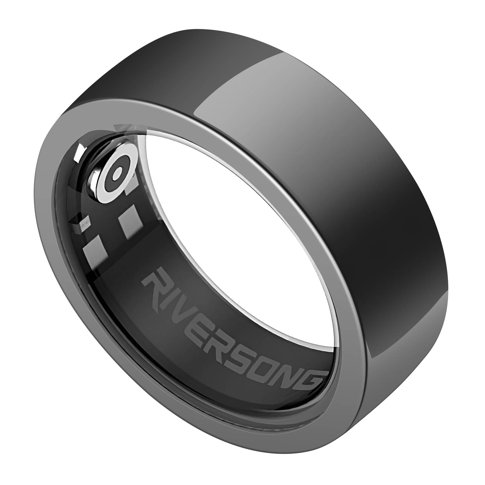 Anillo negro con logo Riversong en el interior, exterior curvo y brillante, aislado en blanco.