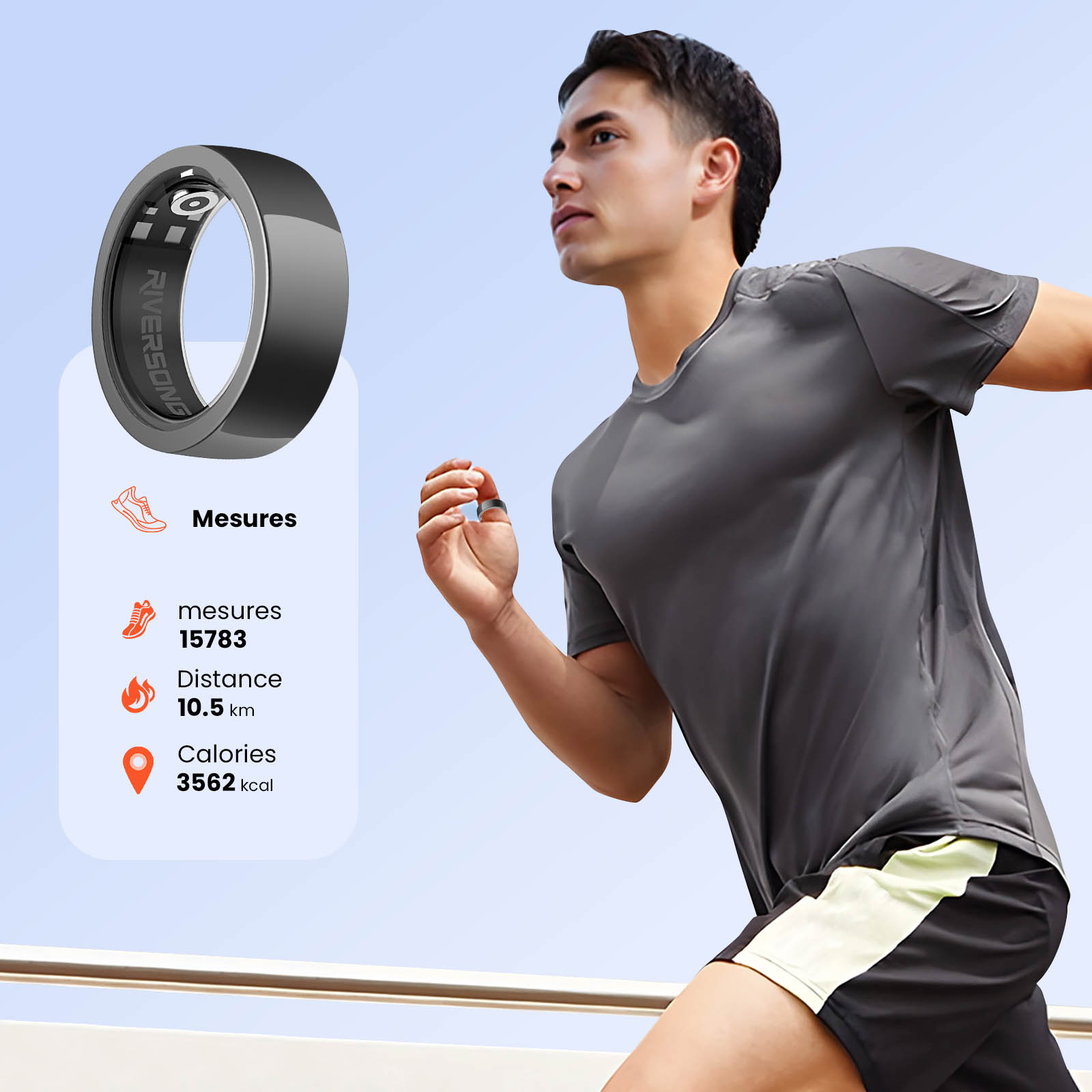Läufer mit Smartring. Ringdetails werden angezeigt: Messungen, Distanz, Kalorien. Der Ring ist am Finger des Läufers.