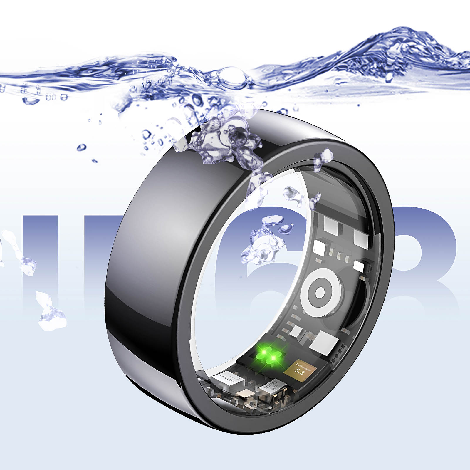 Schwarzer Smartring mit transparentem Bereich, Wasserblasen und sichtbarer Leiterplatte.