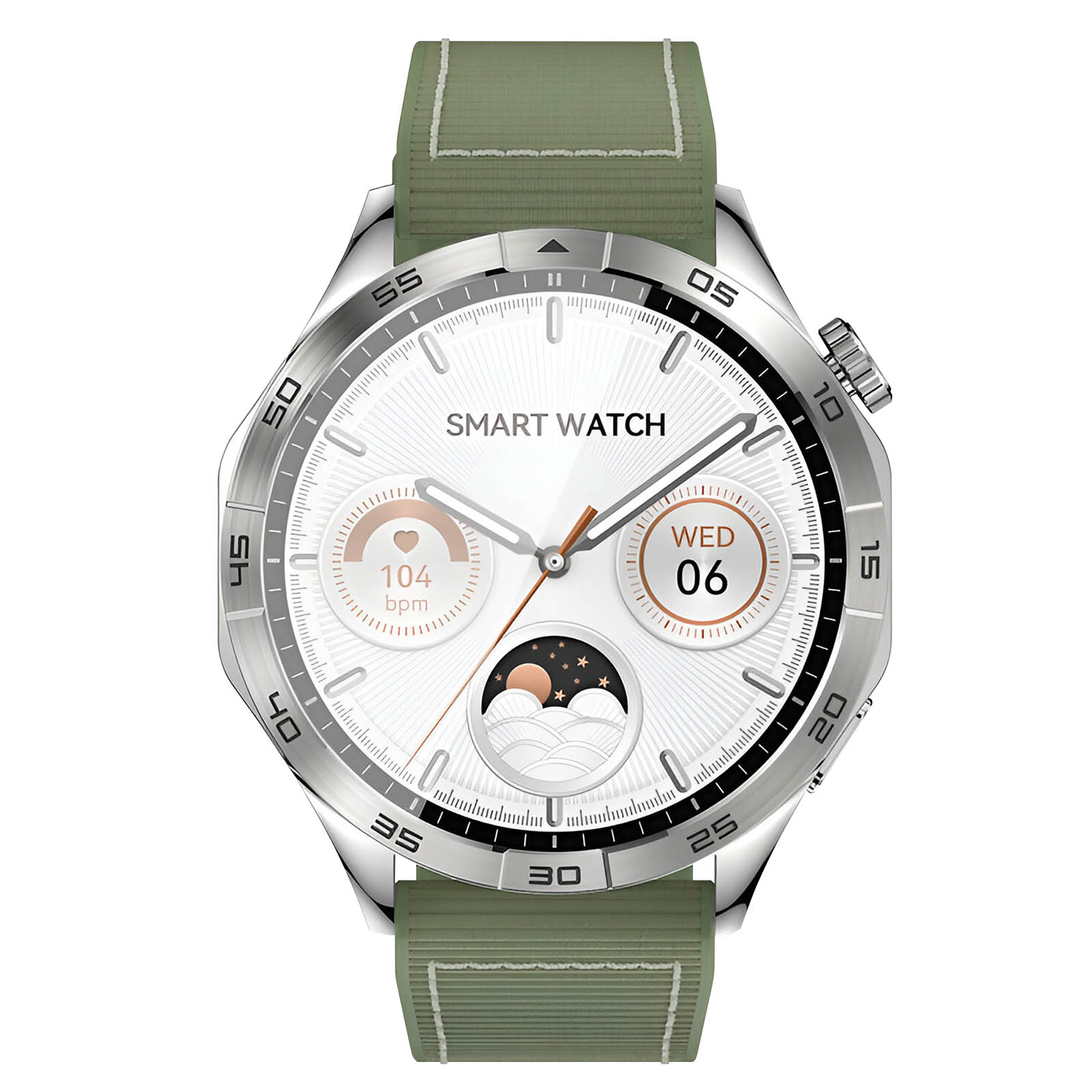 Smartwatch argento, quadrante bianco, cinturino verde. Mostra ora, frequenza cardiaca, data e fasi lunari.