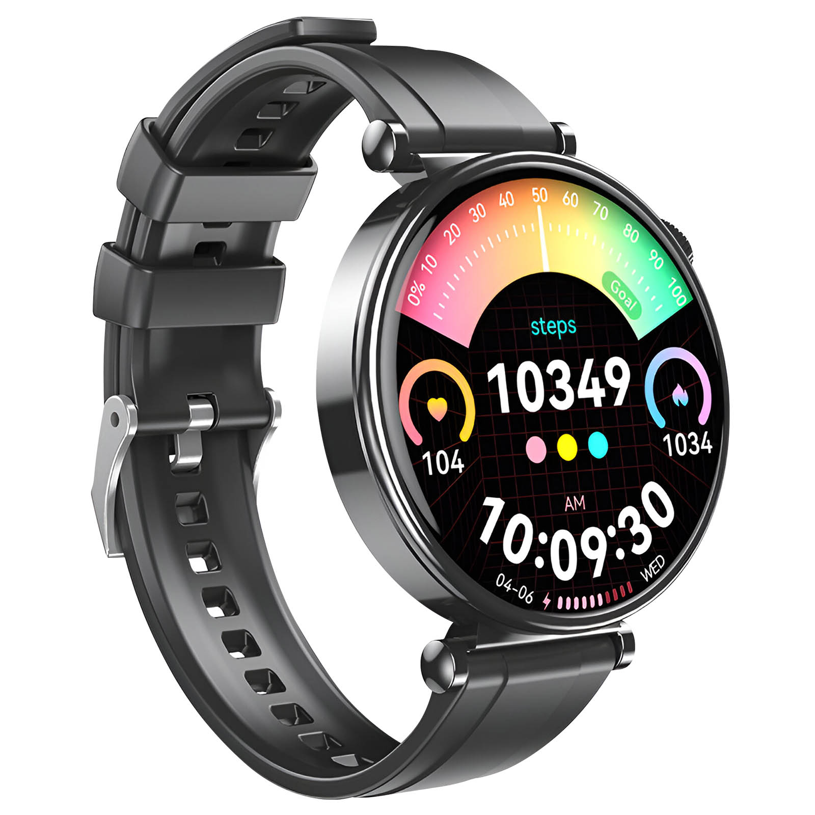 Smartwatch nero con schermo colorato, che mostra passi, ora e frequenza cardiaca.