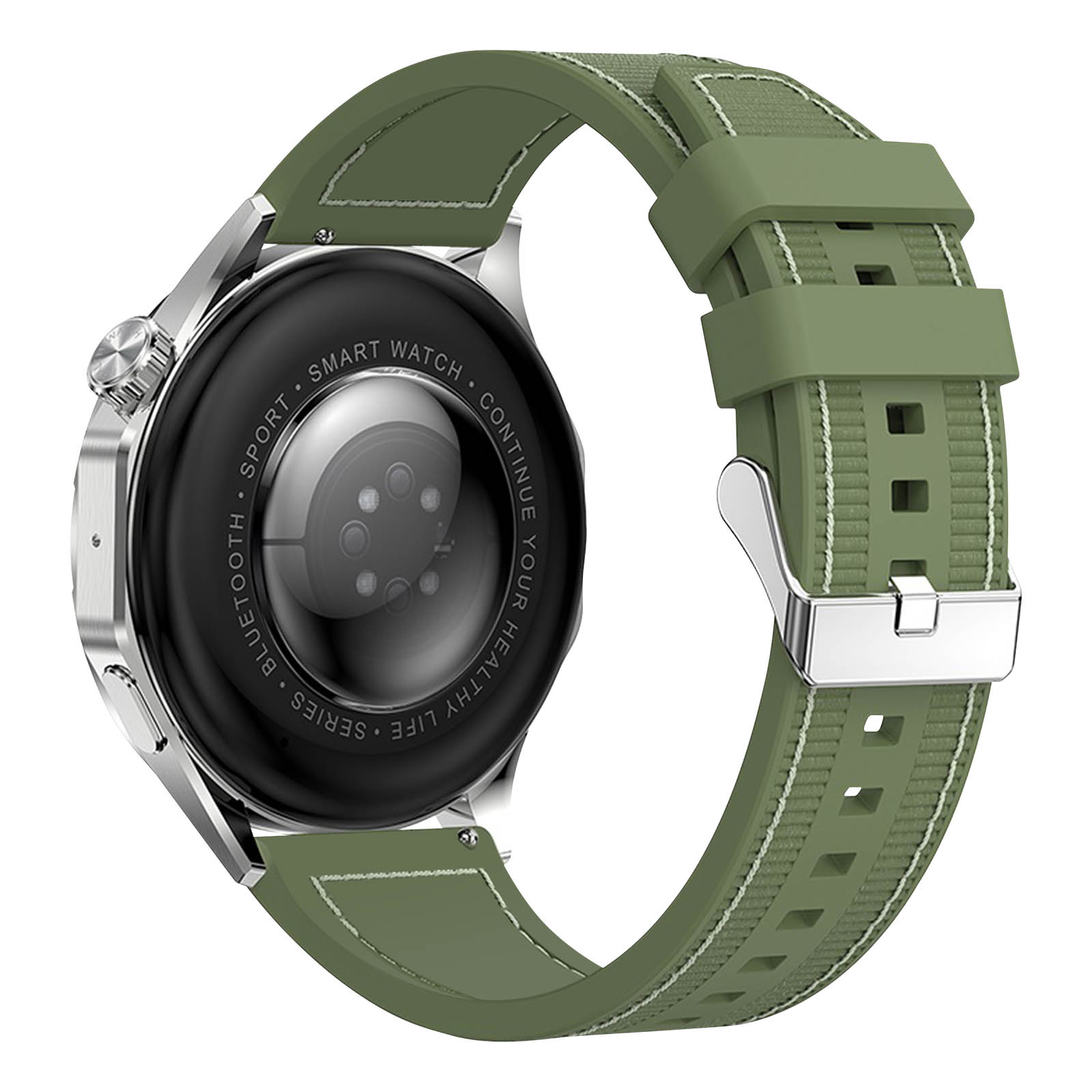 Un primo piano di uno smartwatch, che mostra il retro con un cinturino verde e una fibbia argentata.