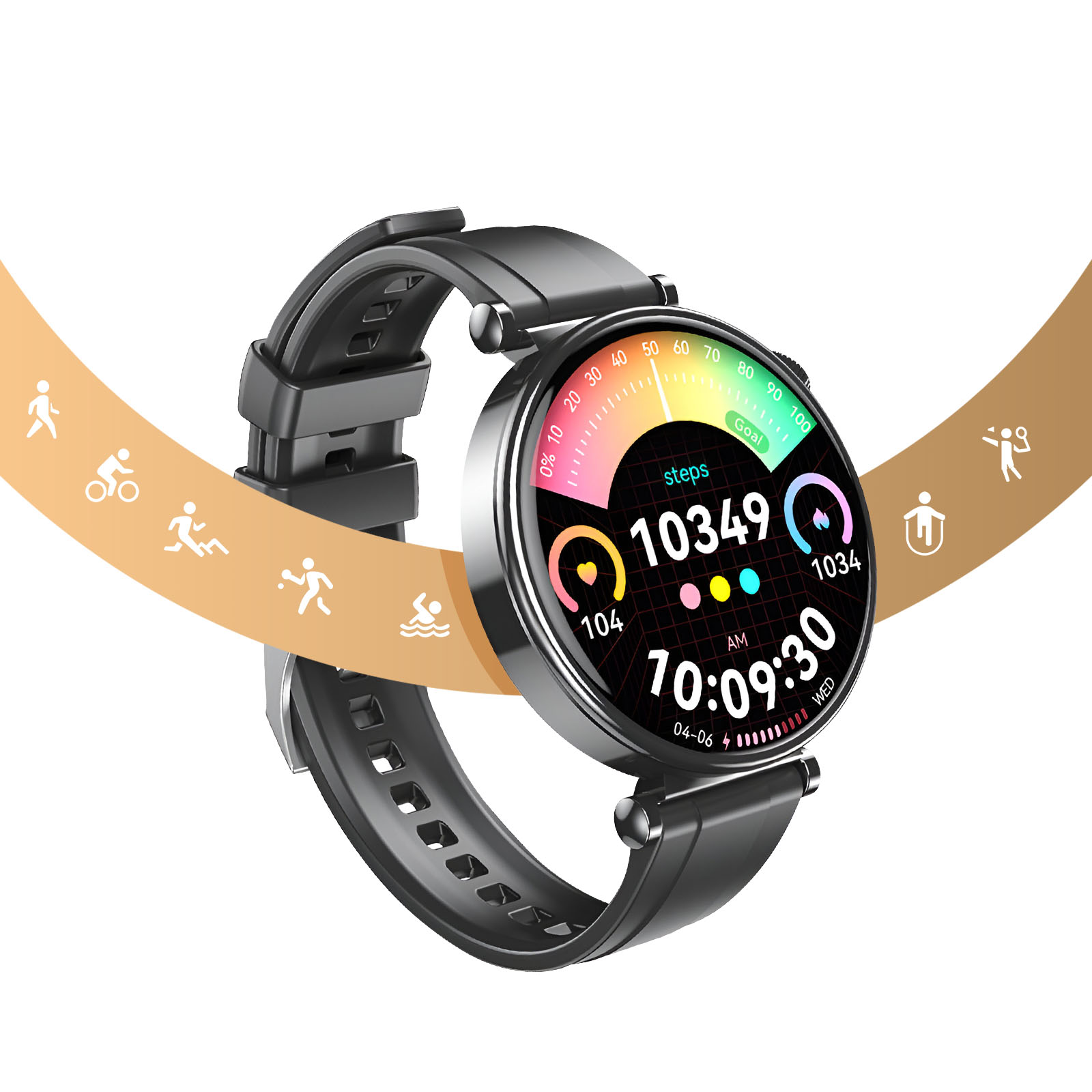 Uno smartwatch nero con cinturino nero che mostra le metriche di salute, con icone di attività.