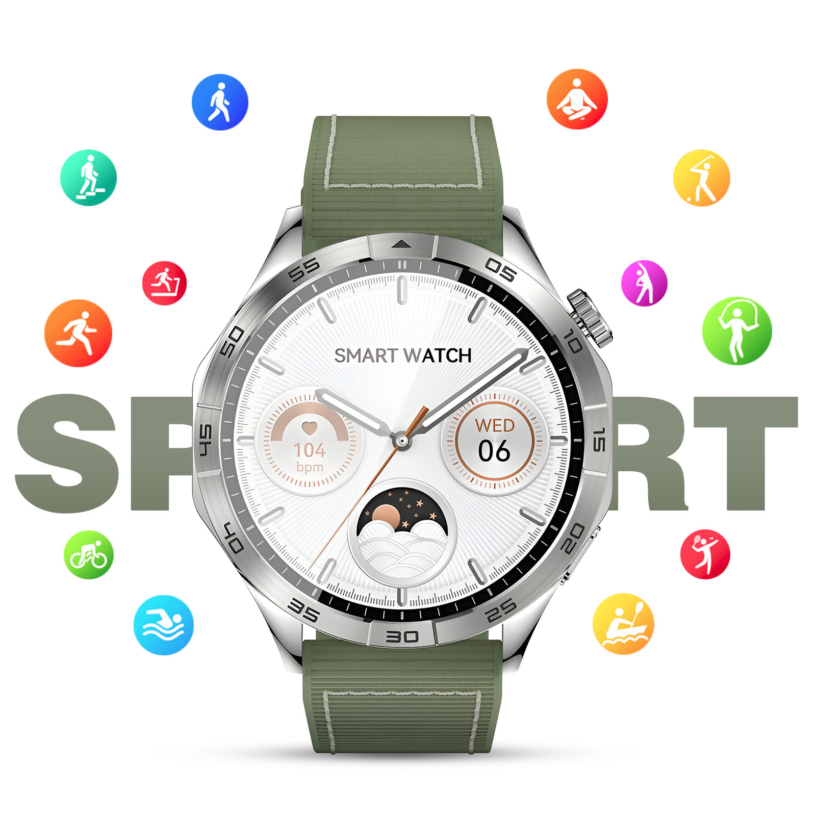 Uno smartwatch con cinturino verde. Mostra data e ora con icone sportive.