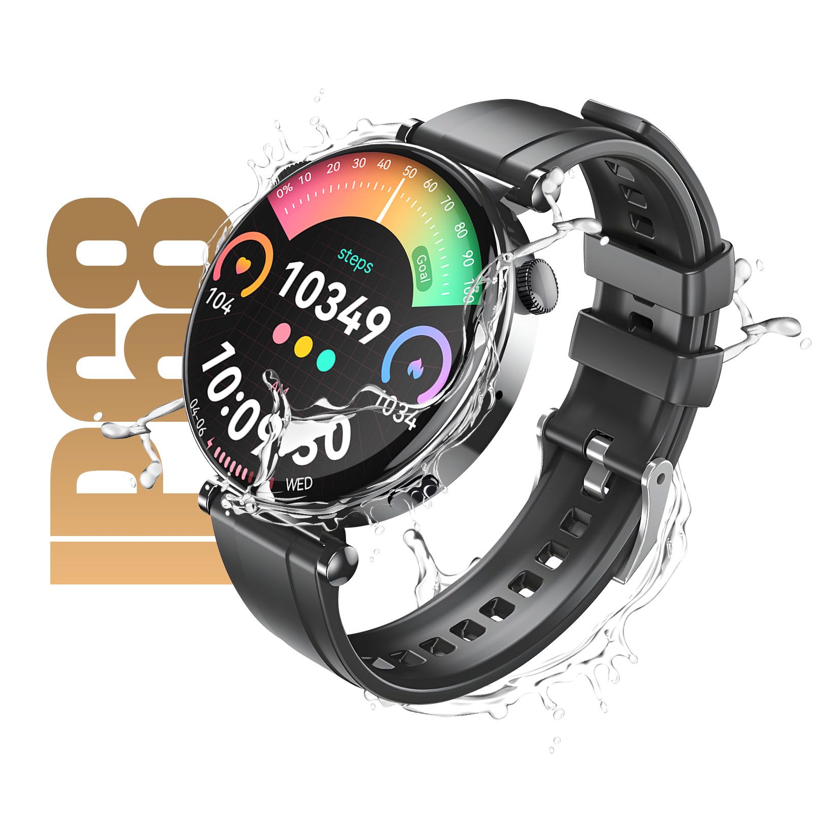 Uno smartwatch nero con display rotondo che mostra le metriche, con acqua intorno.