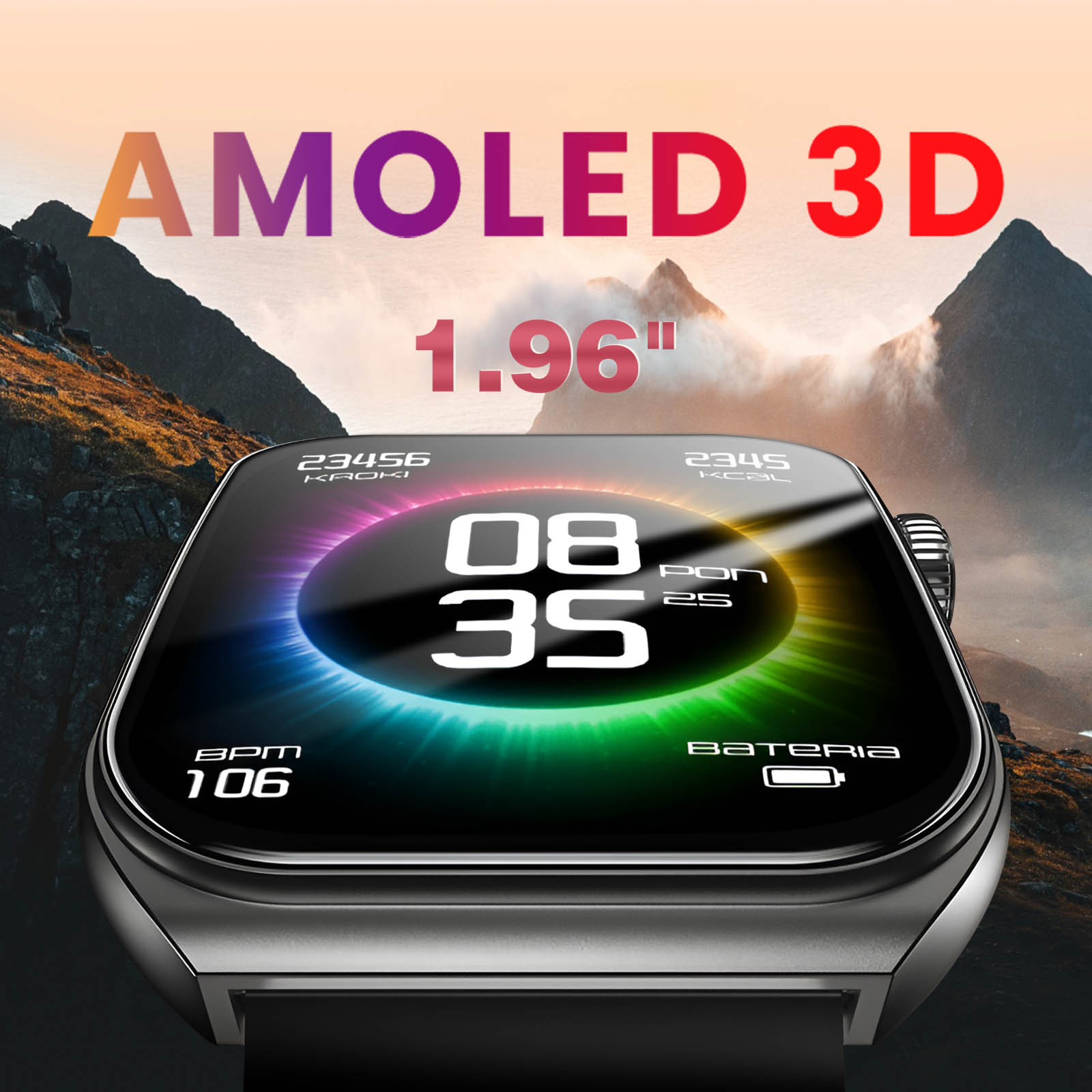 Smartwatch z wyświetlaczem AMOLED 3D pokazujący godzinę i informacje o baterii.