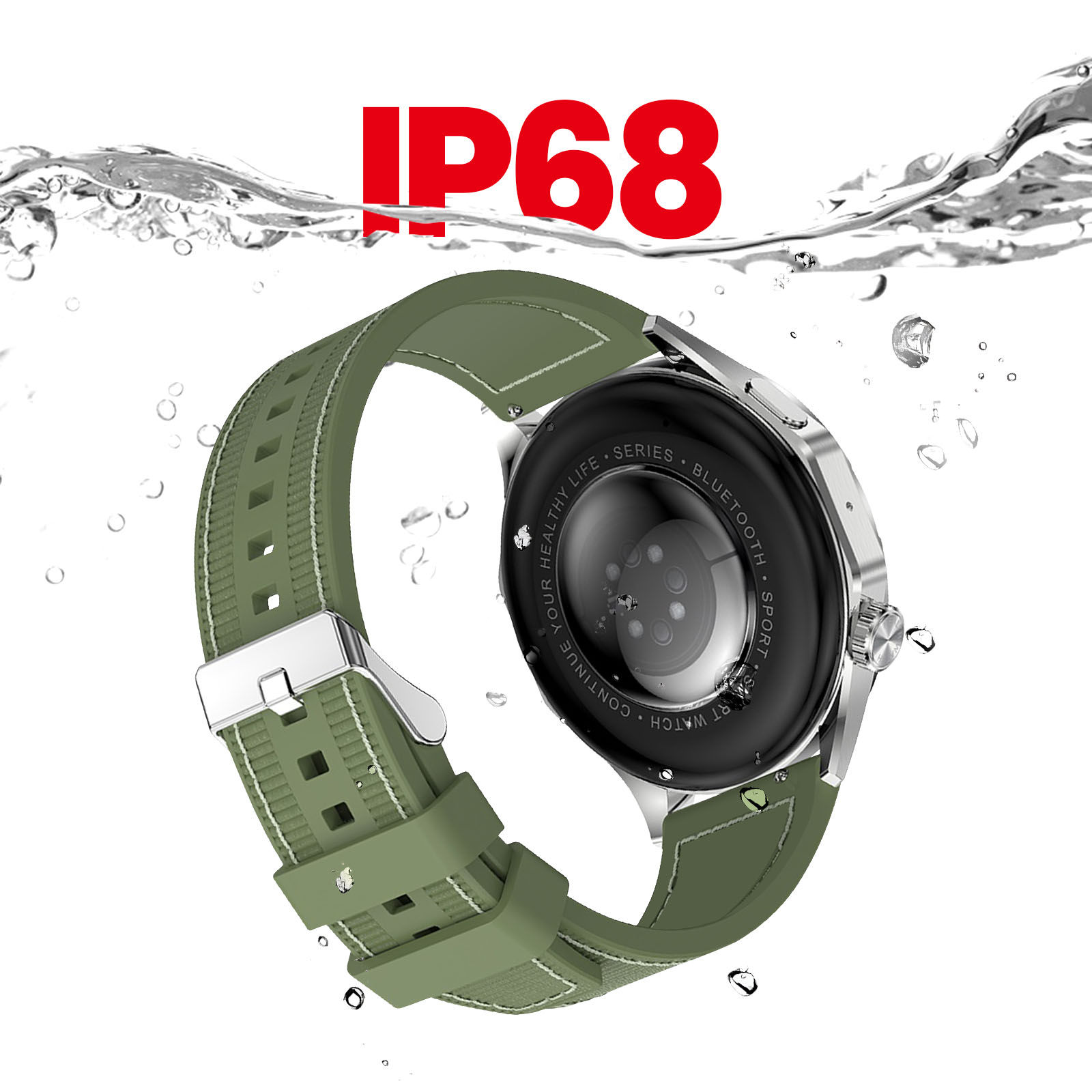Uno smartwatch verde immerso nell'acqua. Il testo IP68 viene visualizzato sopra l'orologio.