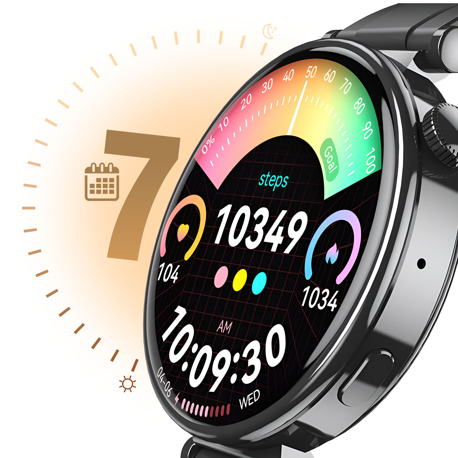 Smartwatch che mostra i dati dell'attività, mostrando passi, tempo e progressi verso gli obiettivi.