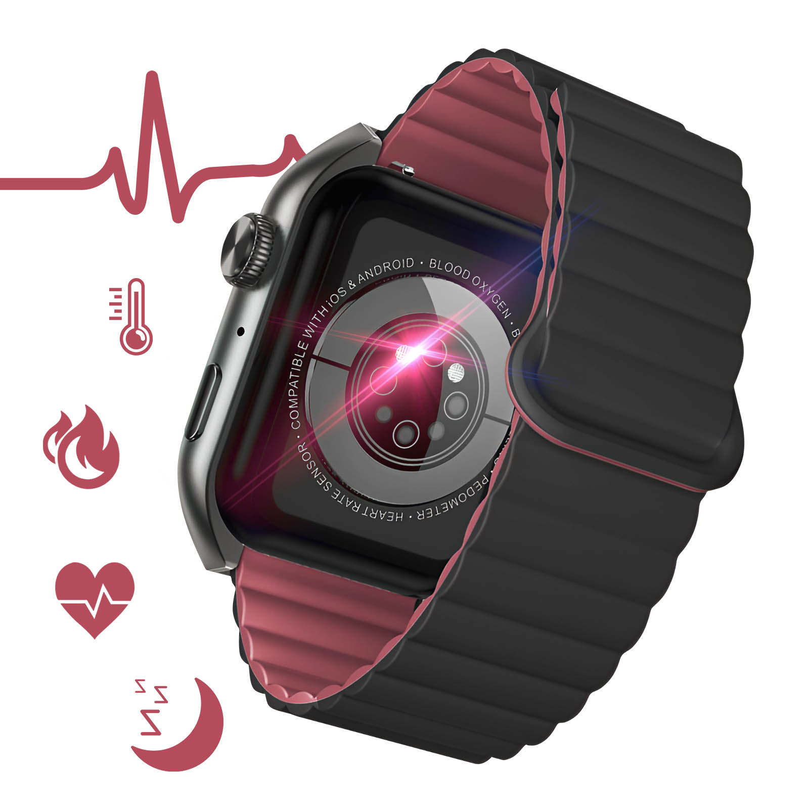 Smartwatch z czarnym i czerwonym paskiem. Wyświetla ikony funkcji zdrowotnych.