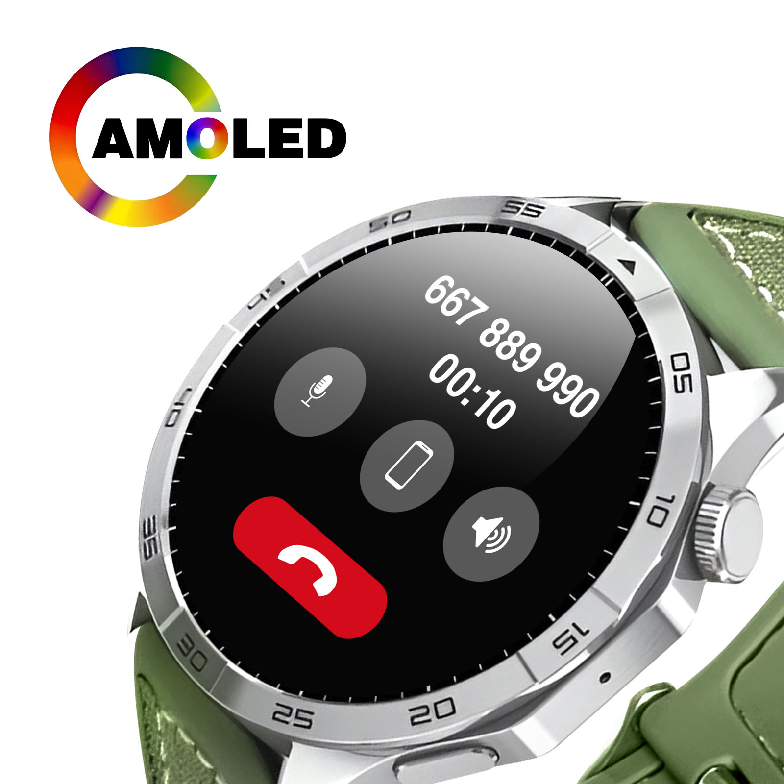 Smartwatch con cinturino verde, display AMOLED che mostra una schermata di chiamata.