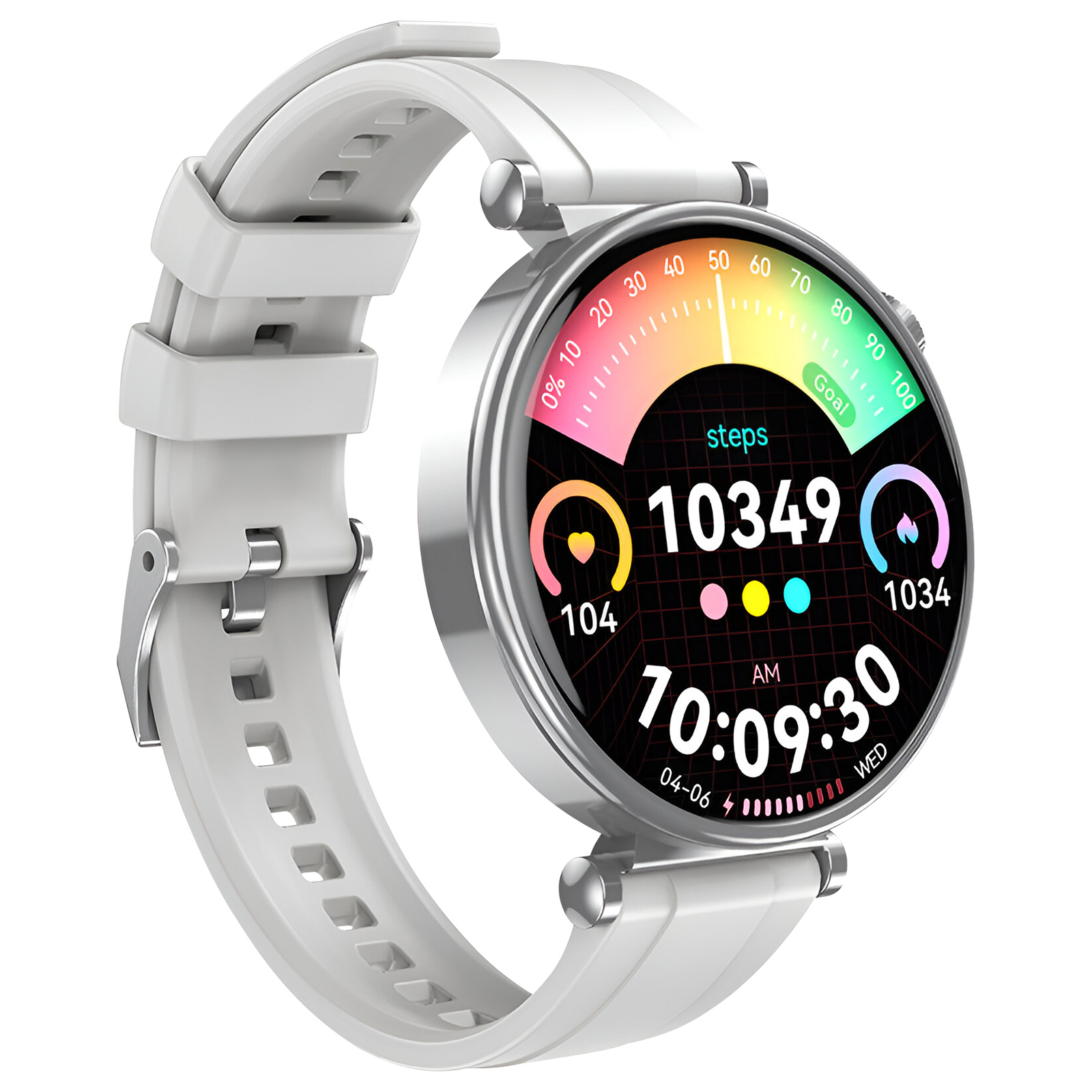 Une smartwatch blanche avec un écran coloré affichant les pas, l'heure et un objectif.