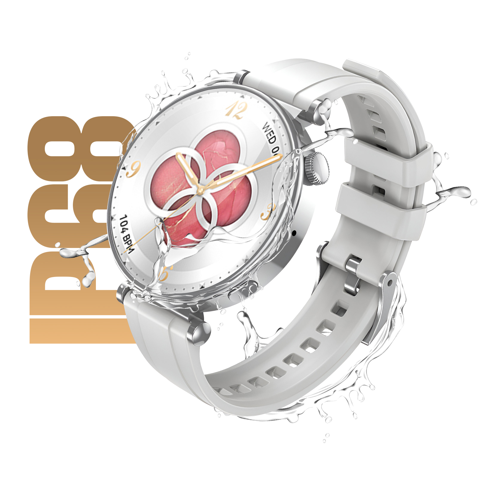 Smartwatch blanche avec éclaboussures d'eau. Un motif floral sur le cadran.