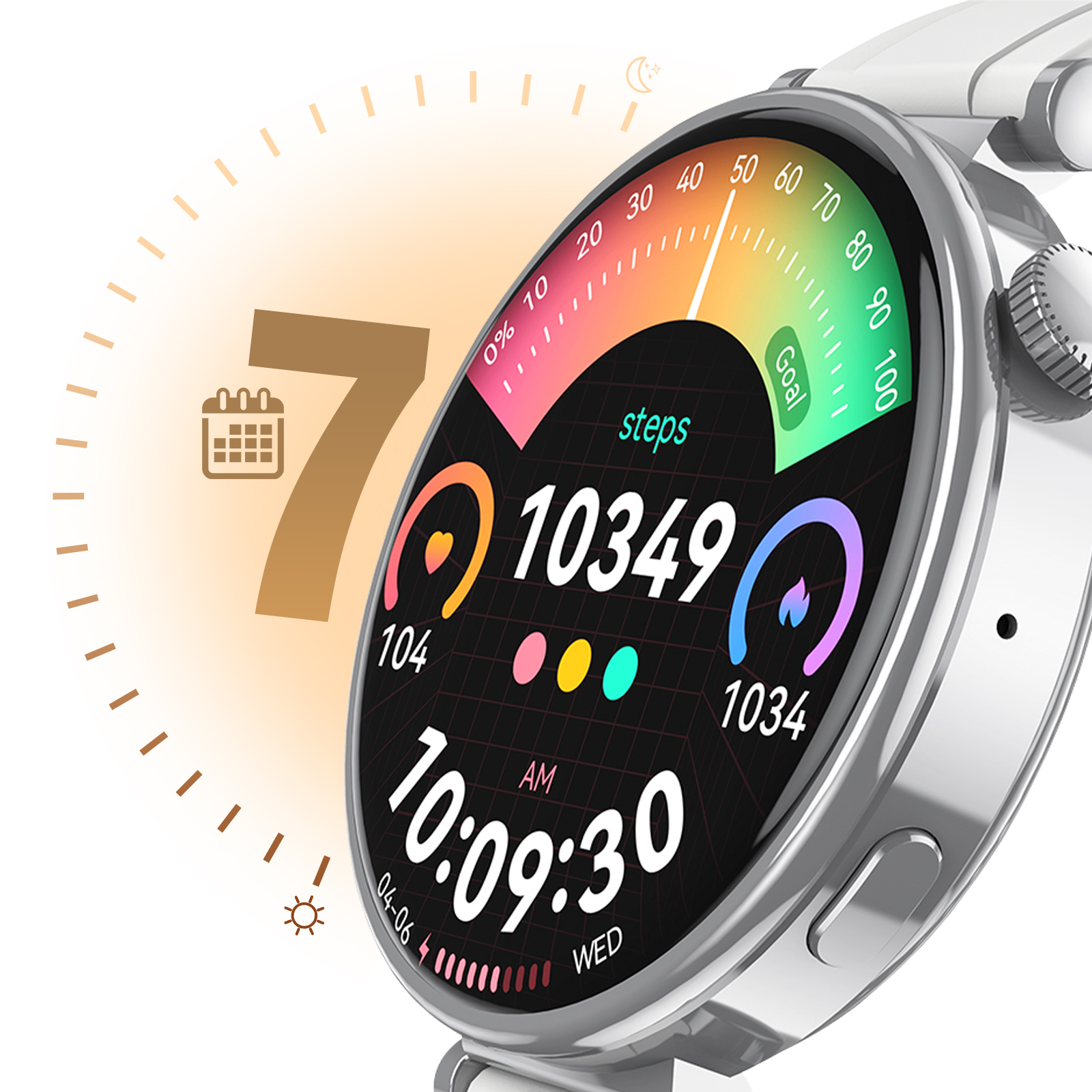 Smartwatch avec écran coloré affichant l'heure, les pas et les objectifs d'activité.