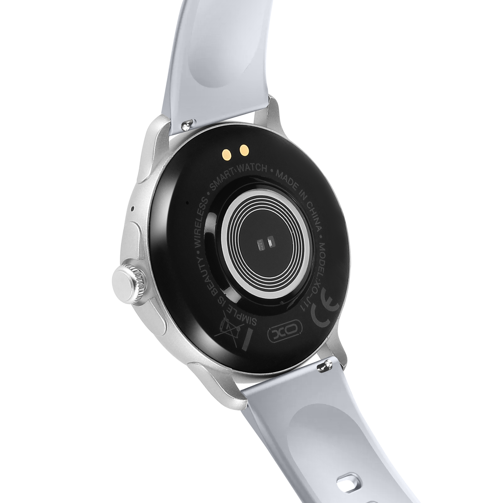 Die Rückseite einer silbernen Smartwatch wird gezeigt. Die Uhr zeigt 'SMART WATCH' und 'MADE IN CHINA'.