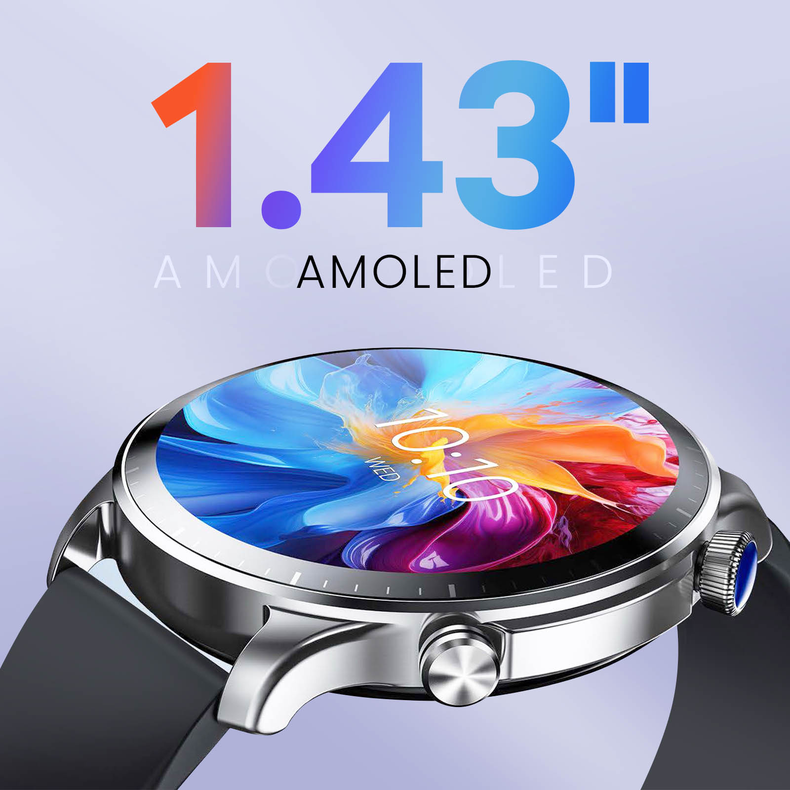 Eine Smartwatch zeigt ein farbenfrohes Bild mit dem Text '1.43". Sie hat einen silbernen Rahmen und ein schwarzes Armband.