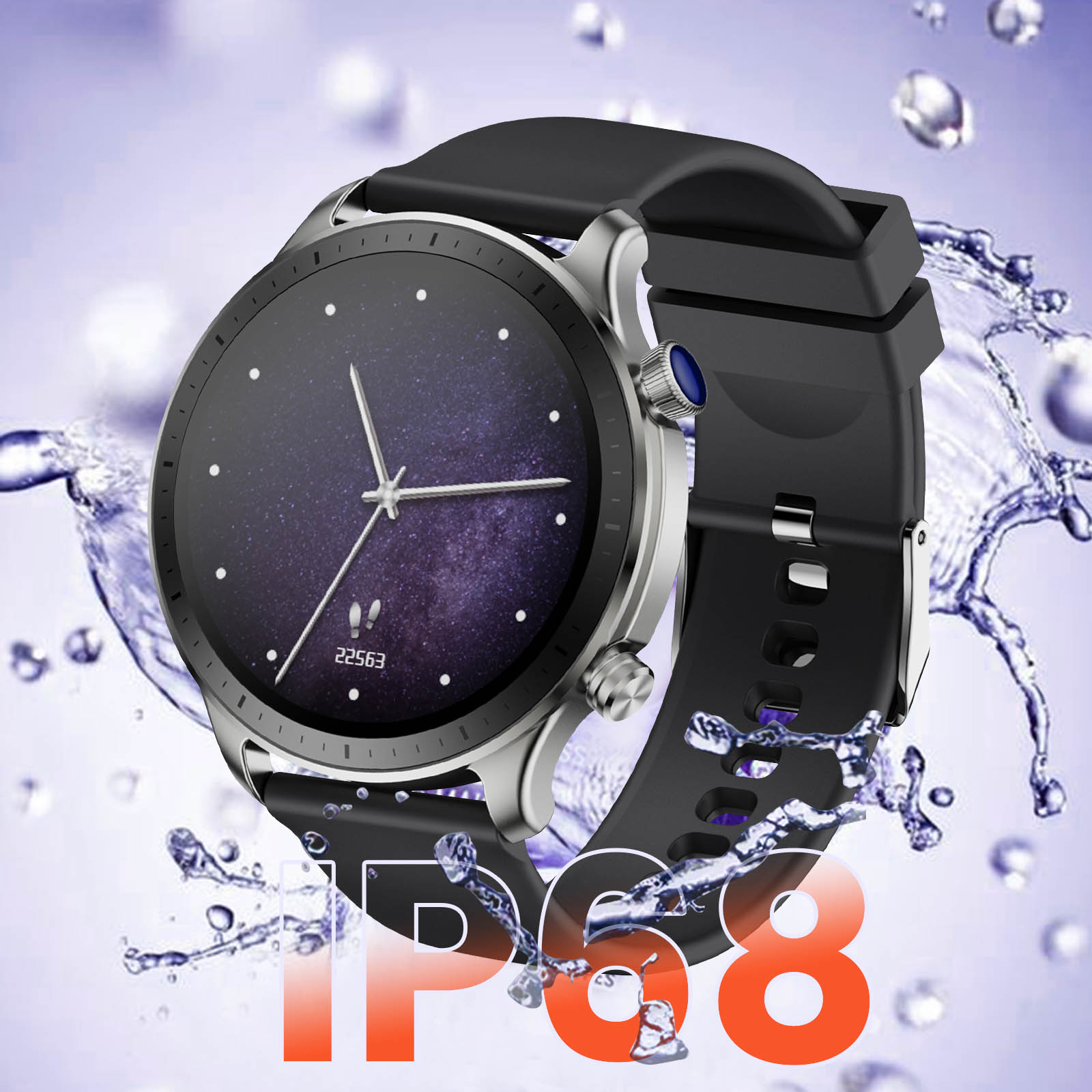 Smartwatch mit schwarzem Armband, umgeben von Wasserspritzern. Die Uhr zeigt Daten auf dem Bildschirm.