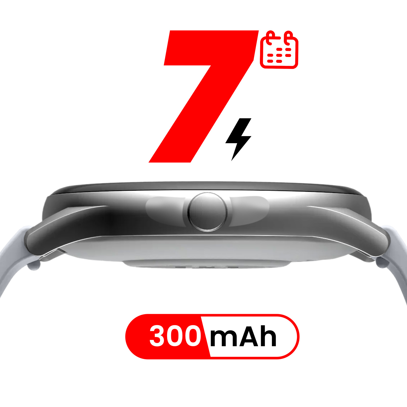 Seitenansicht einer Smartwatch. Rote '7' und Kalendersymbol mit rotem '300mAh'-Text.