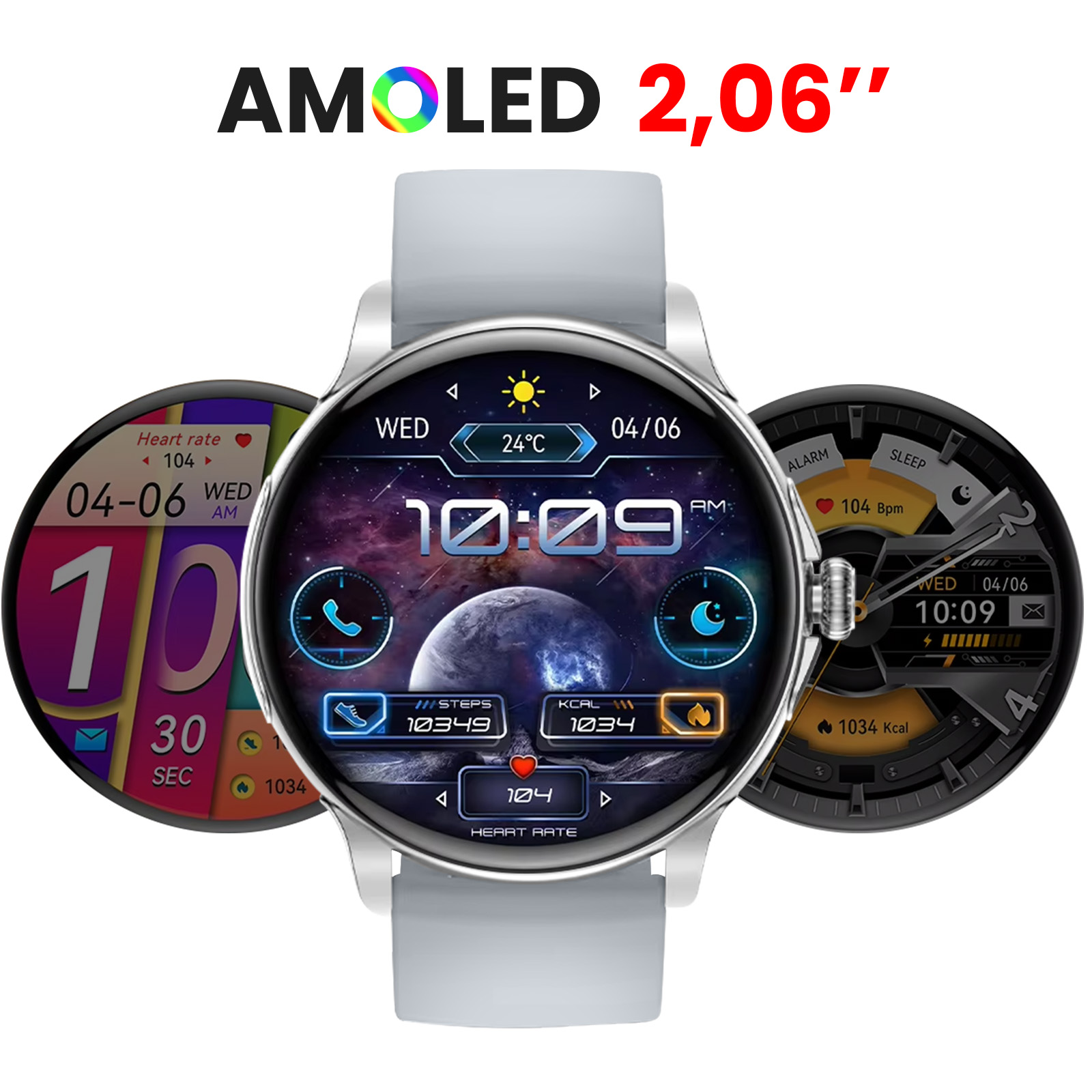 Smartwatch mit mehreren Bildschirmen, die Daten und Uhrzeit anzeigen, auf weißem Grund.