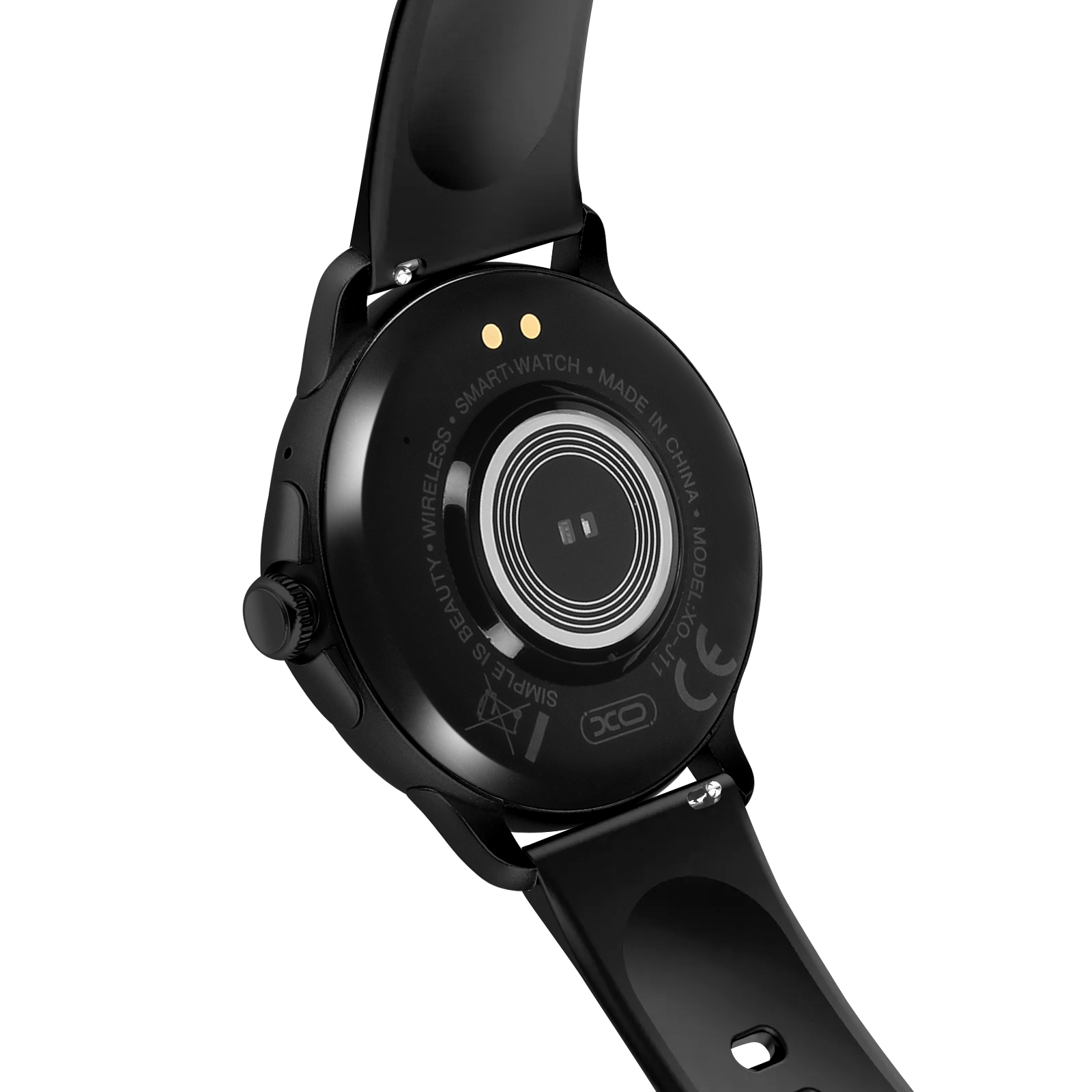 Dos de la smartwatch noire avec capteurs et marquages. Bracelet noir attaché.