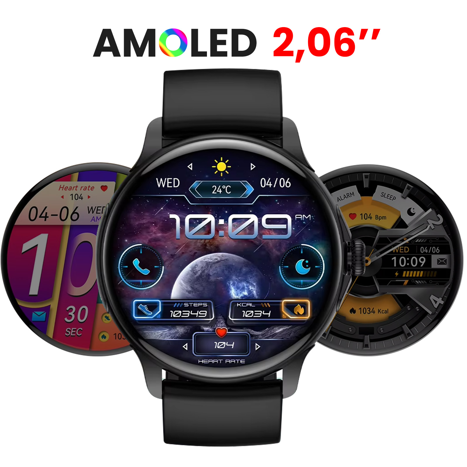 Une montre intelligente noire avec plusieurs écrans affichant différentes données, dans un studio.