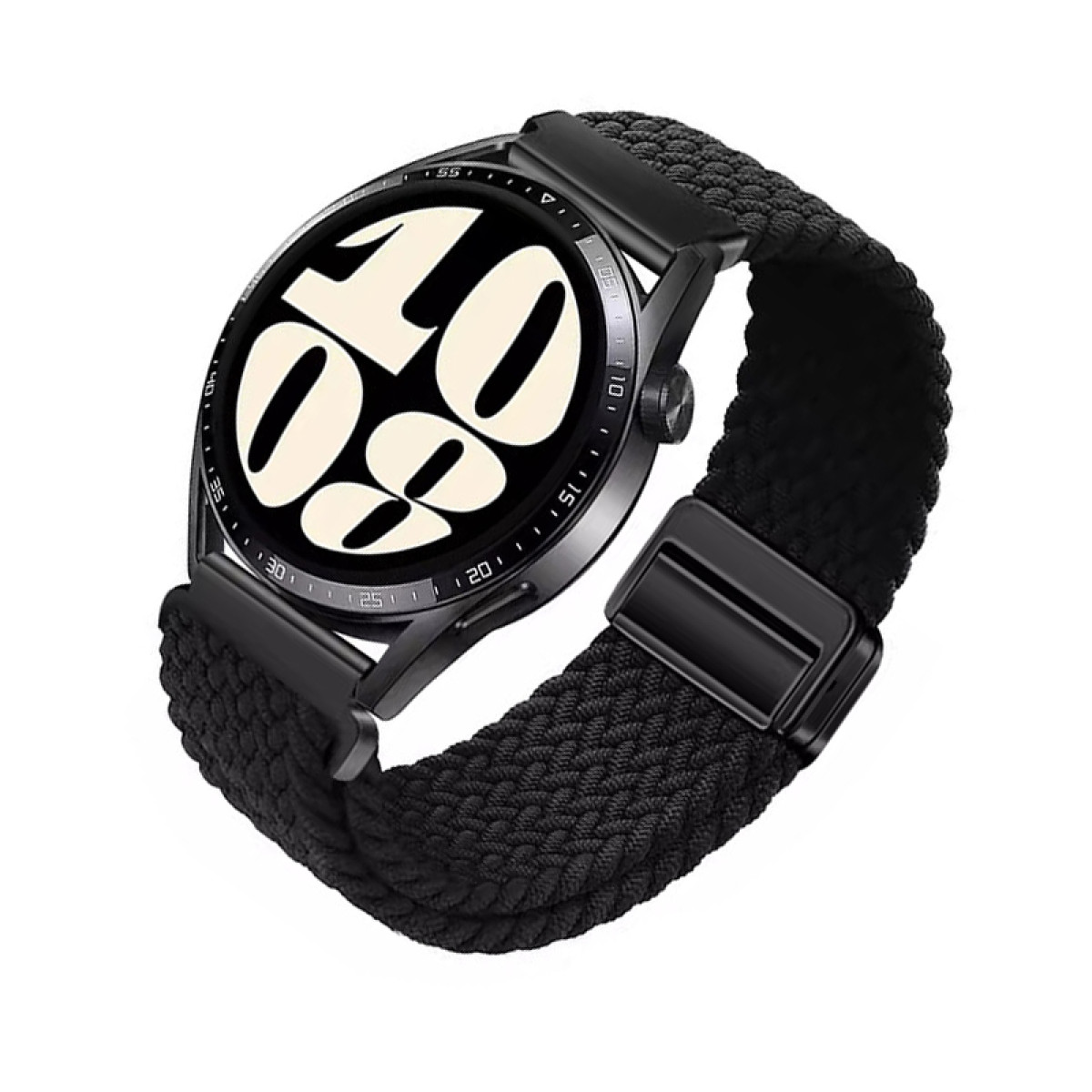 Smartwatch nero con cinturino intrecciato nero. Il quadrante mostra l'ora e i numeri.