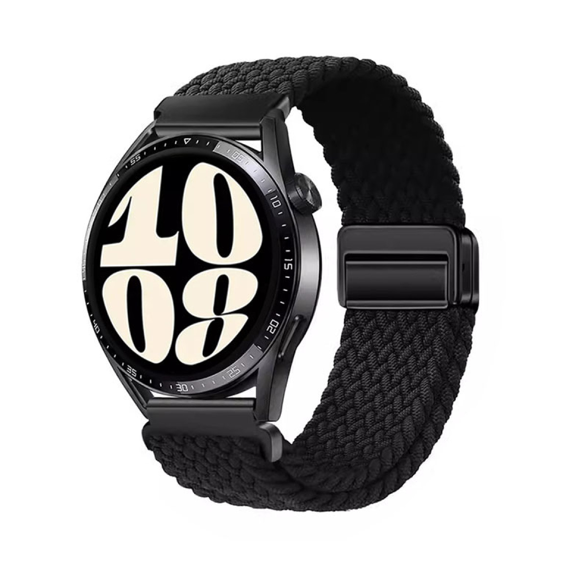 Smartwatch nero con cinturino nero intrecciato, che mostra il quadrante.