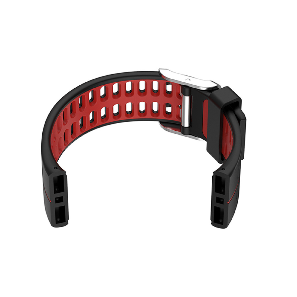 Schwarzes und rotes Uhrenarmband mit silberner Schließe, detailliertes Design.
