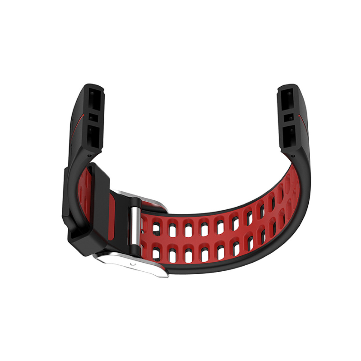 Ein schwarz-rotes Smartwatch-Armband. Es ist gebogen und zeigt die Innenseite.