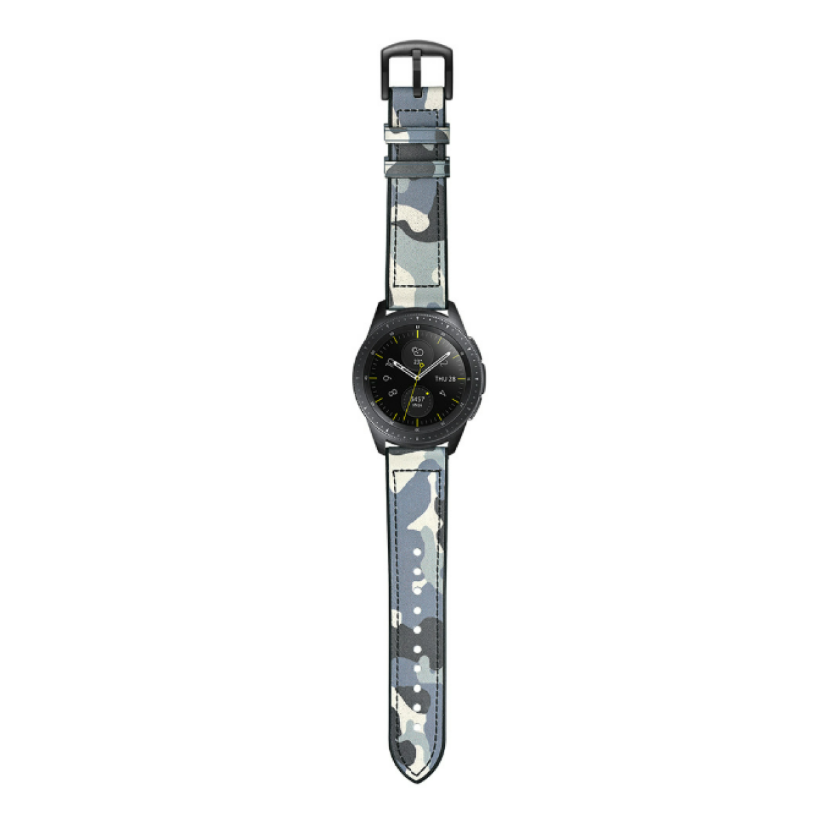 Orologio con cinturino mimetico, quadrante nero. L'orologio è centrato su uno sfondo bianco.