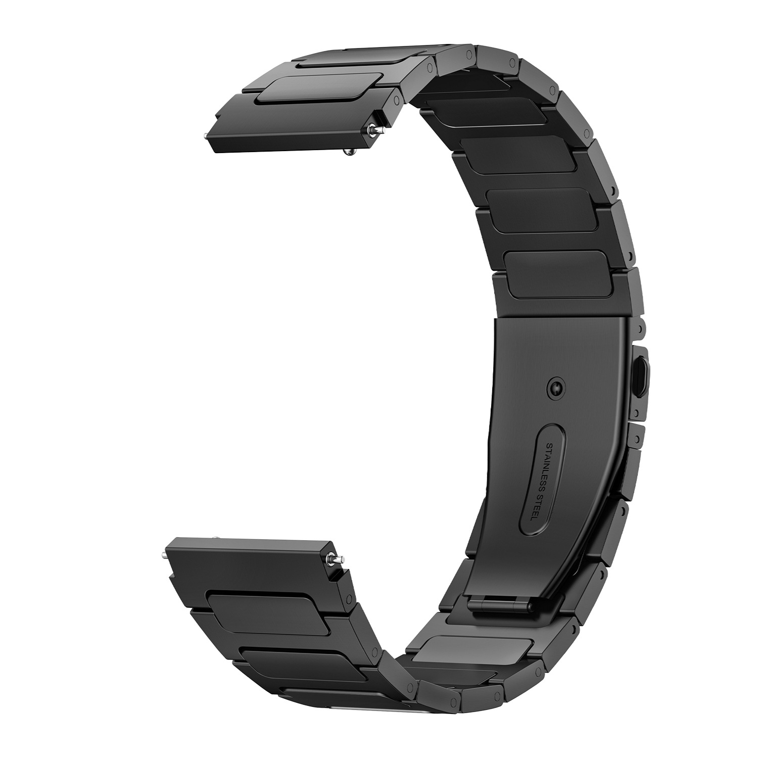 Cinturino per orologio in metallo nero, forma curva, con dettagli in acciaio inossidabile su sfondo bianco.