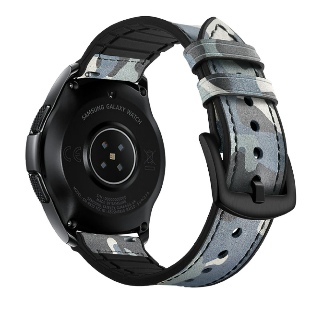 Il retro di un Samsung Galaxy Watch con un cinturino con motivo mimetico attaccato.