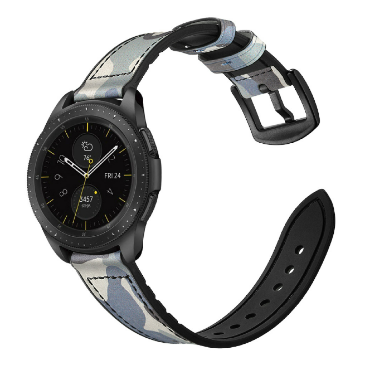 Smartwatch nero con cinturino mimetico. L'orologio mostra l'ora e la frequenza cardiaca su uno schermo nero.