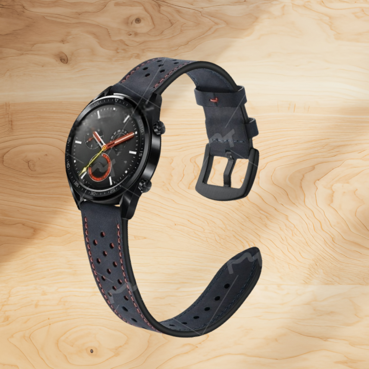 Schwarze Smartwatch mit blauem Lederarmband, auf einer Holzoberfläche platziert.