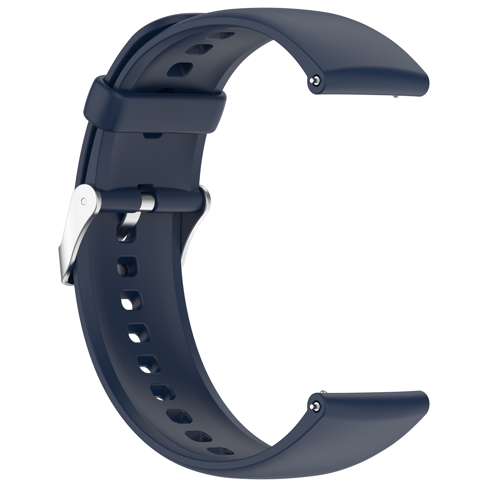 Blaues Uhrenarmband mit silberner Schließe. Es hat eine gebogene Form und ist gummiartig.