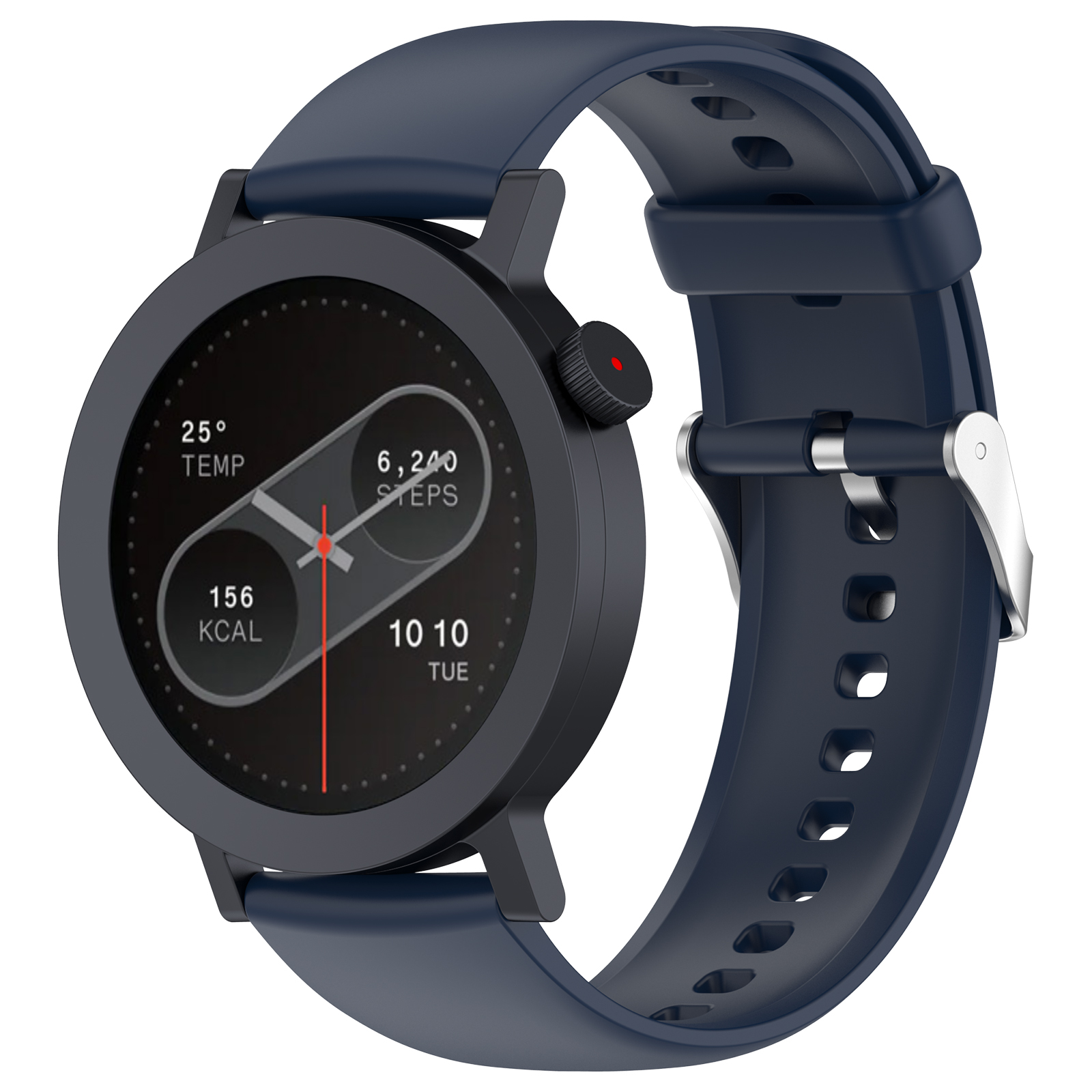 Eine schwarze Smartwatch mit dunkelblauem Armband, die Zeit, Schritte und Kalorien anzeigt.