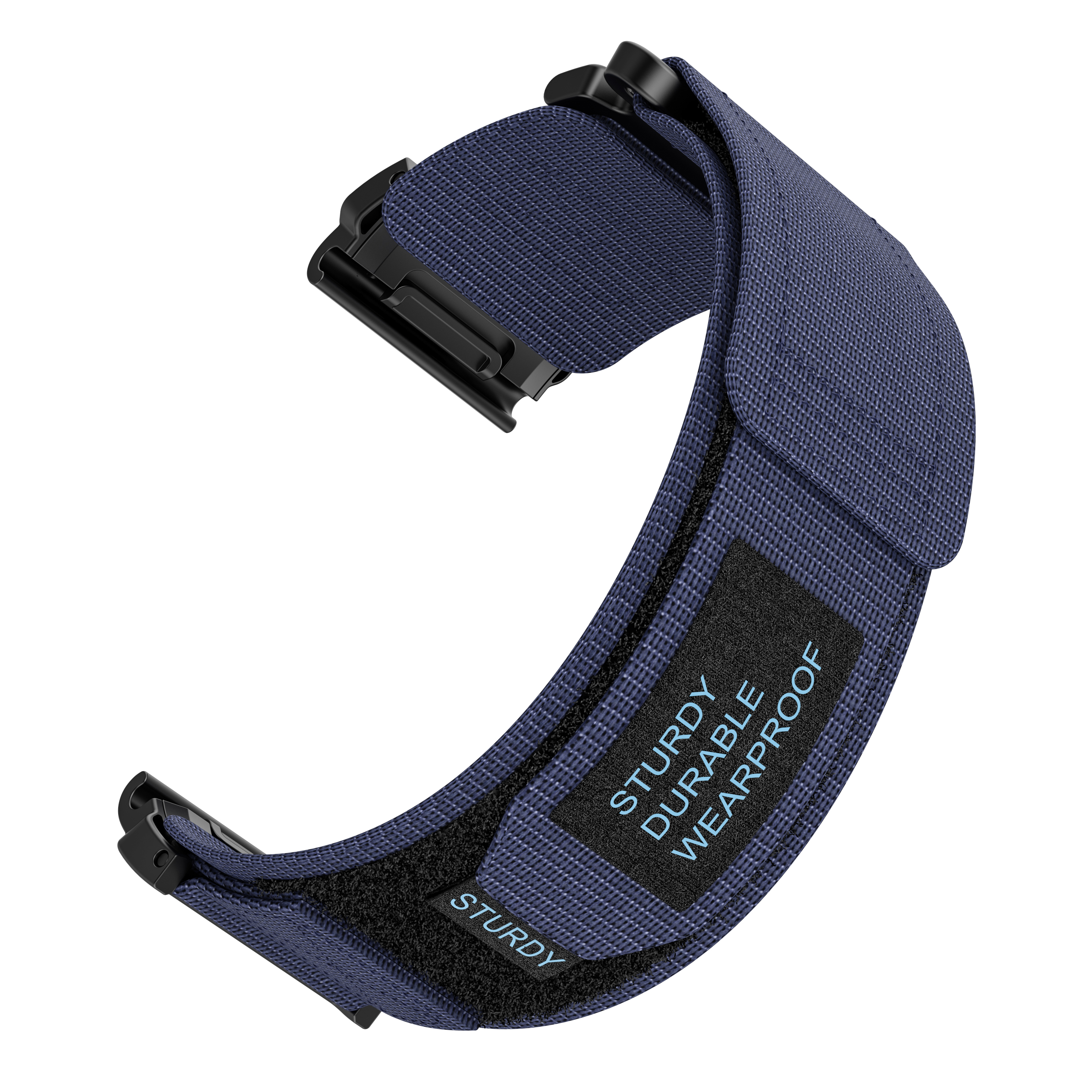 Ein dunkelblaues Uhrenarmband mit schwarzen Verschlüssen. Text: 'Sturdy Durable Wearproof'.