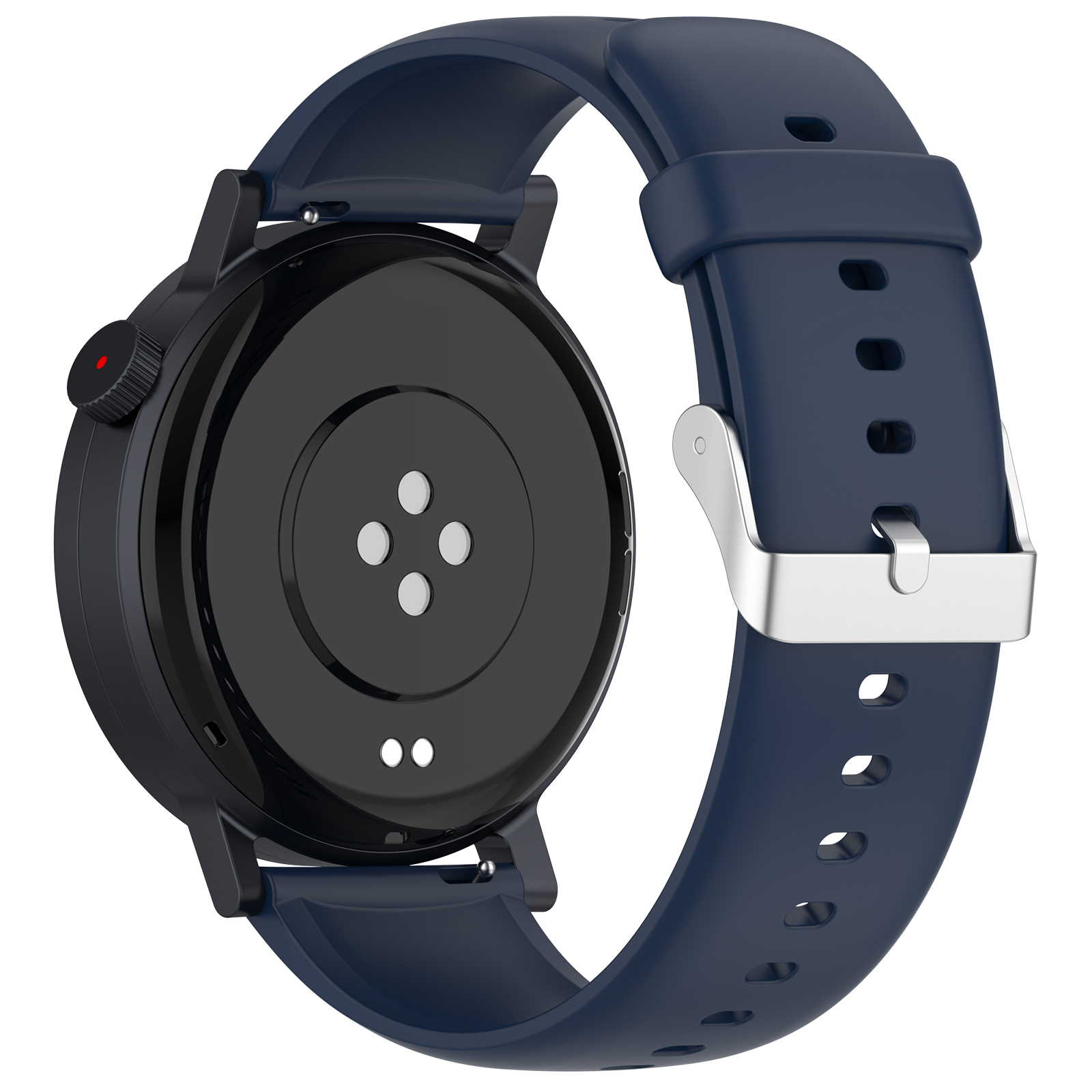 Eine Smartwatch mit dunklem Bildschirm und dunkelblauem Armband, Rückseite nach oben.