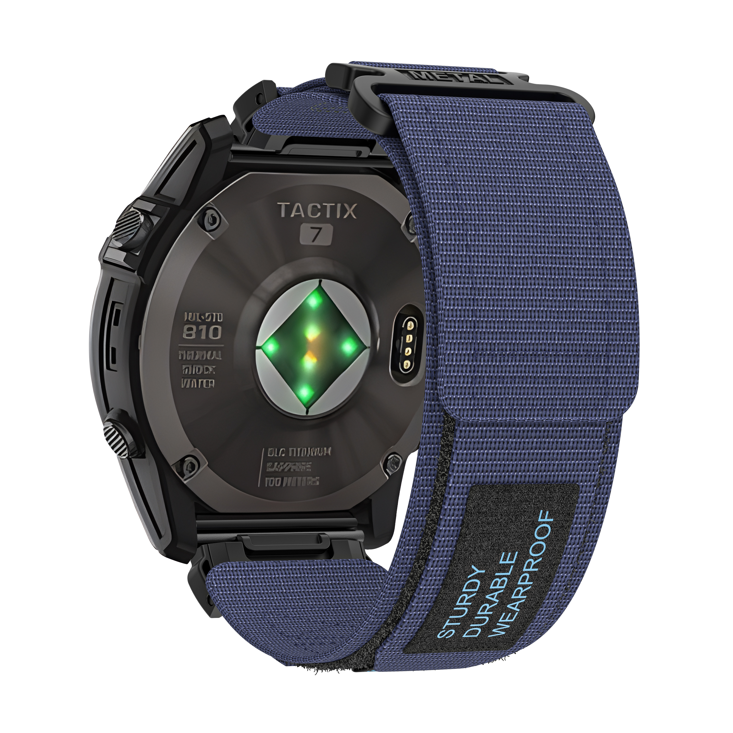 Eine schwarze Smartwatch mit blauem Armband. Die Rückseite zeigt Sensoren und Titan-Details.